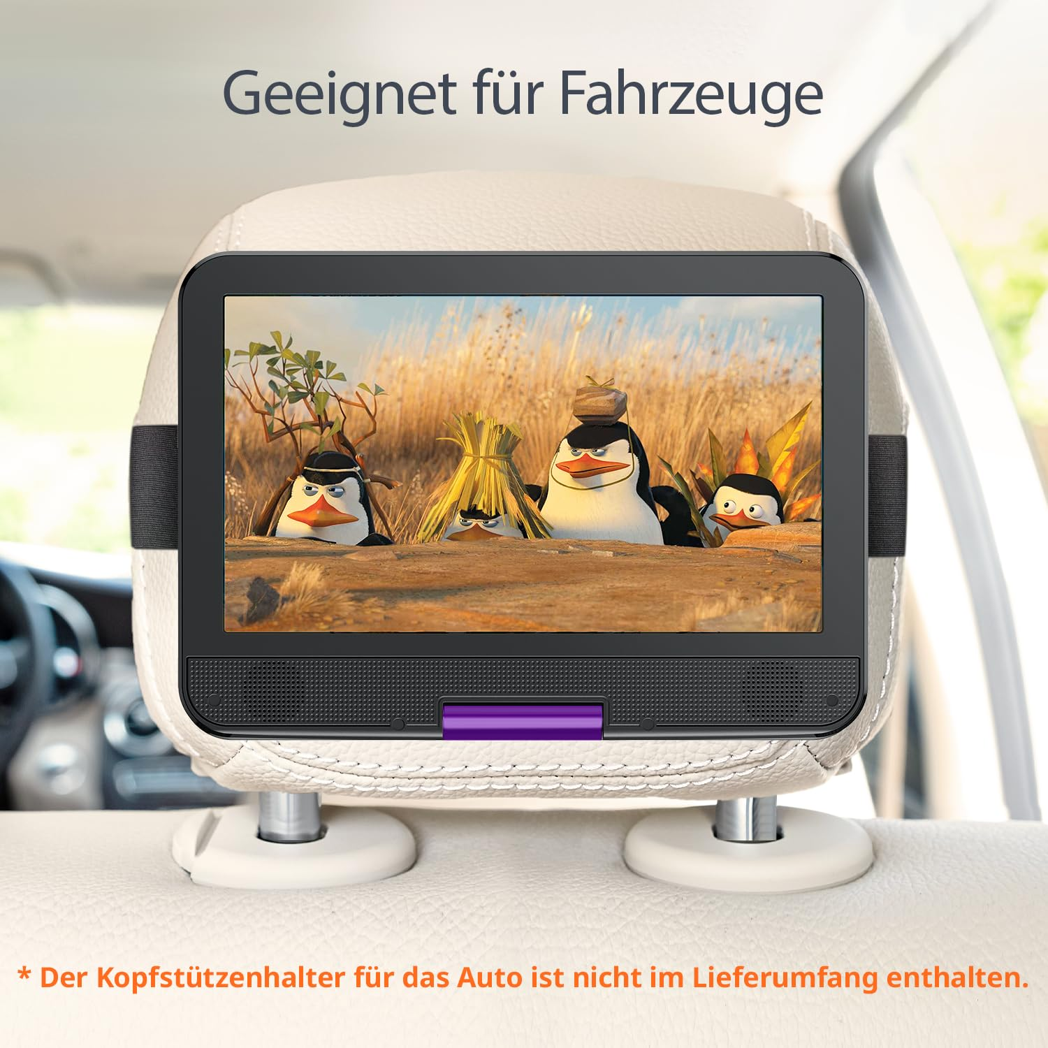 Eine Auto-Kopfstützenhalterung mit tragbarem Bildschirm und vier animierten Pinguinen.