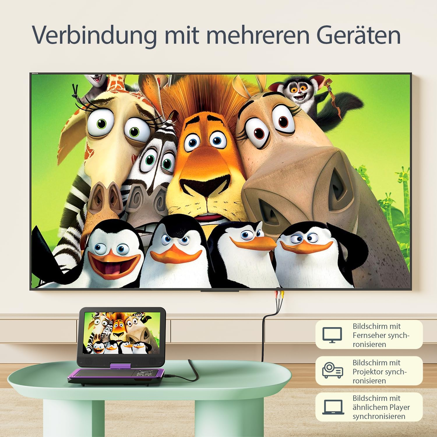 Ein tragbarer DVD-Player ist per Kabel mit einem Fernseher verbunden, der Madagascar-Figuren zeigt.