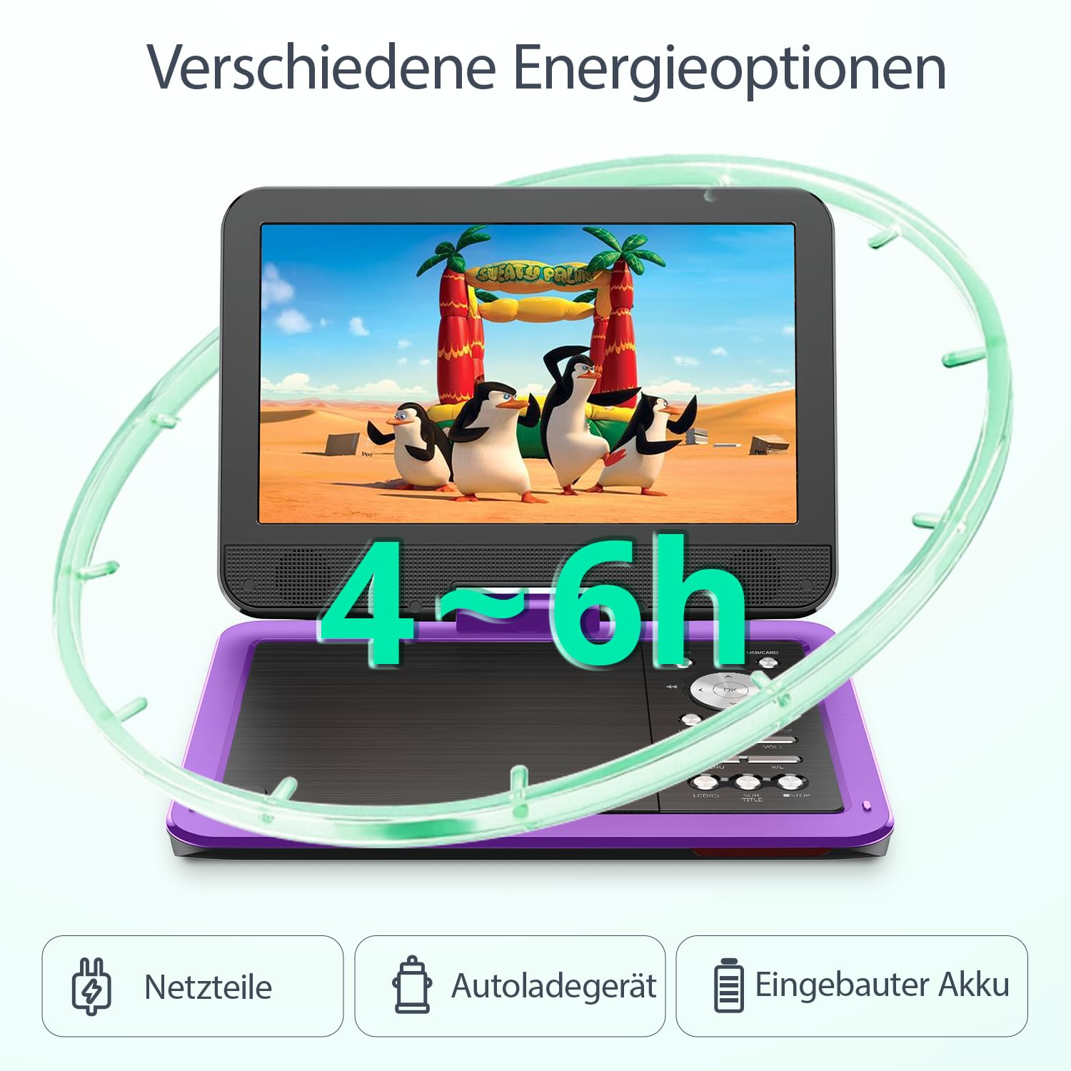 Lila DVD-Player zeigt Pinguine, mit Text Verschiedene Energieoptionen, 4-6h und drei Energiesymbolen.