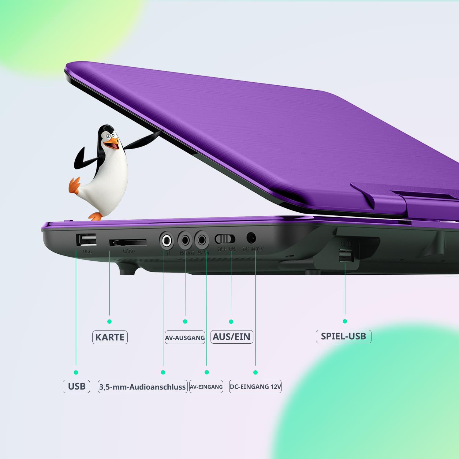 Ein Pinguin öffnet einen lila Laptop, dessen Anschlüsse und Tasten mit deutschen Bezeichnungen beschriftet sind.