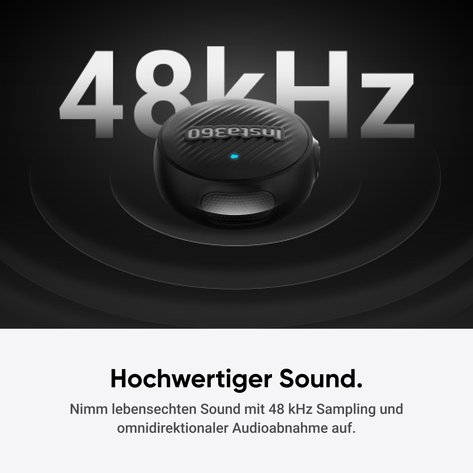 Ein schwarzes Insta360-Mikrofon vor weißem Text mit der Aufschrift 48kHz auf dunklem Hintergrund.