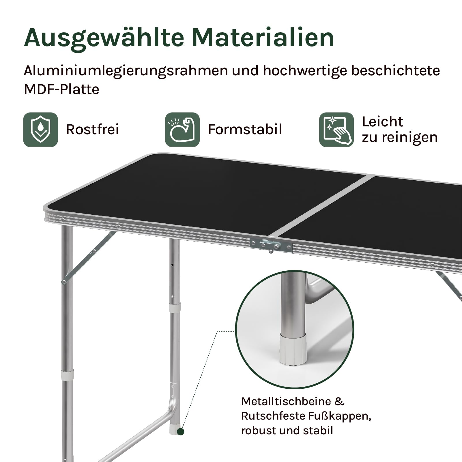 Ein faltbarer Tisch mit schwarzer Platte, Aluminiumrahmen und rutschfesten Füßen.