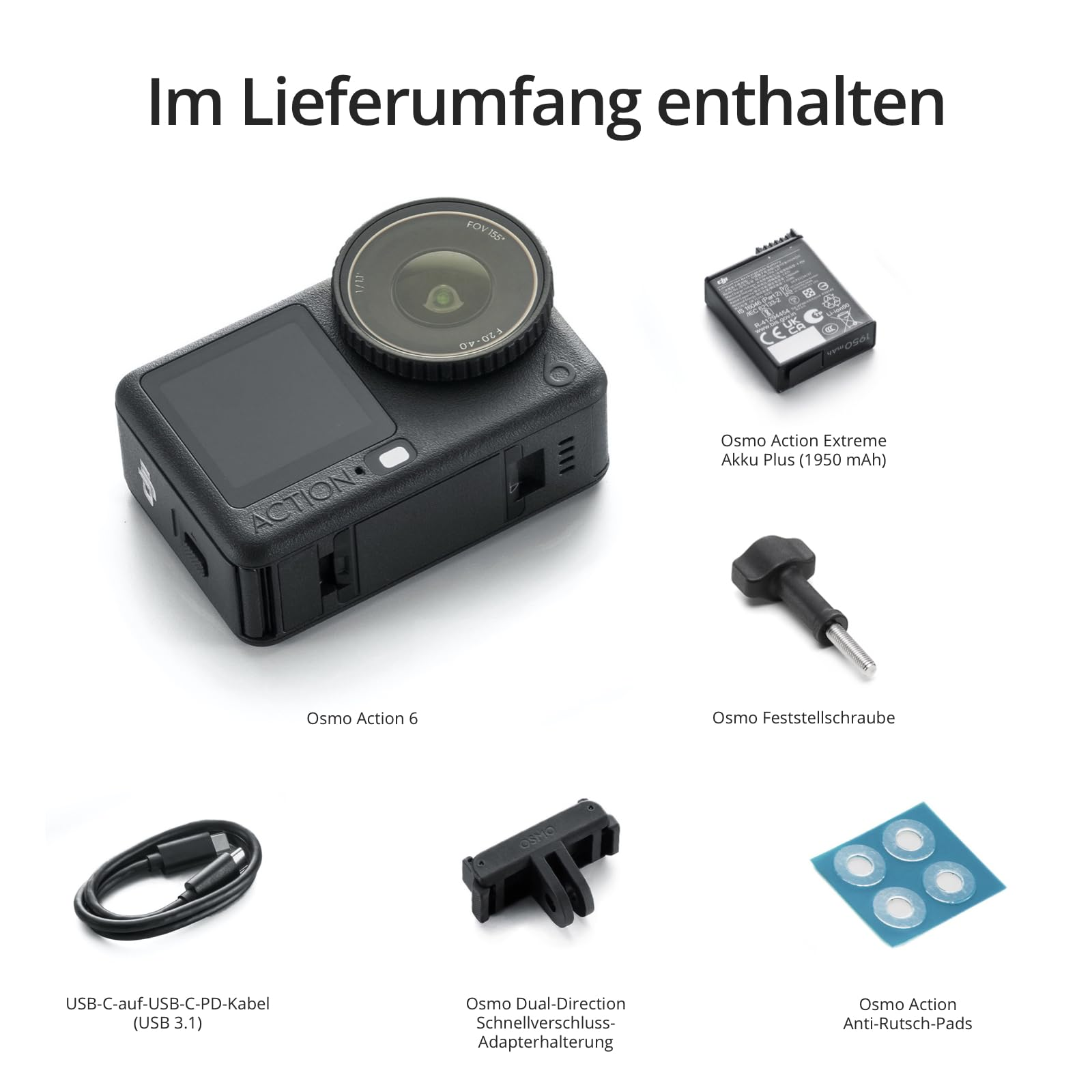 Contenu de la boîte de l'Osmo Action 6 : caméra, batterie, vis, câble USB, support et patins antidérapants.