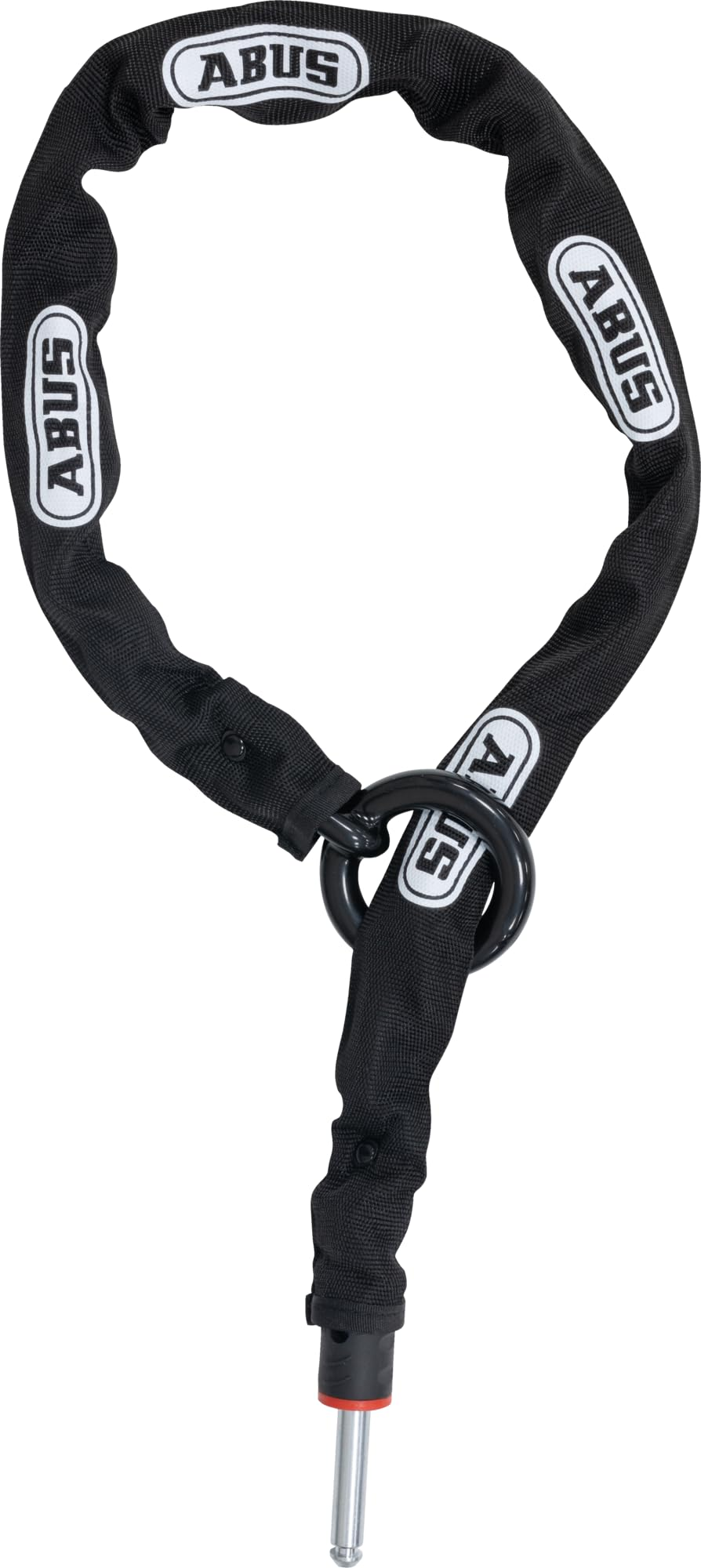 Un antivol de vélo Abus noir avec housse en tissu et goupille métallique sur fond blanc.