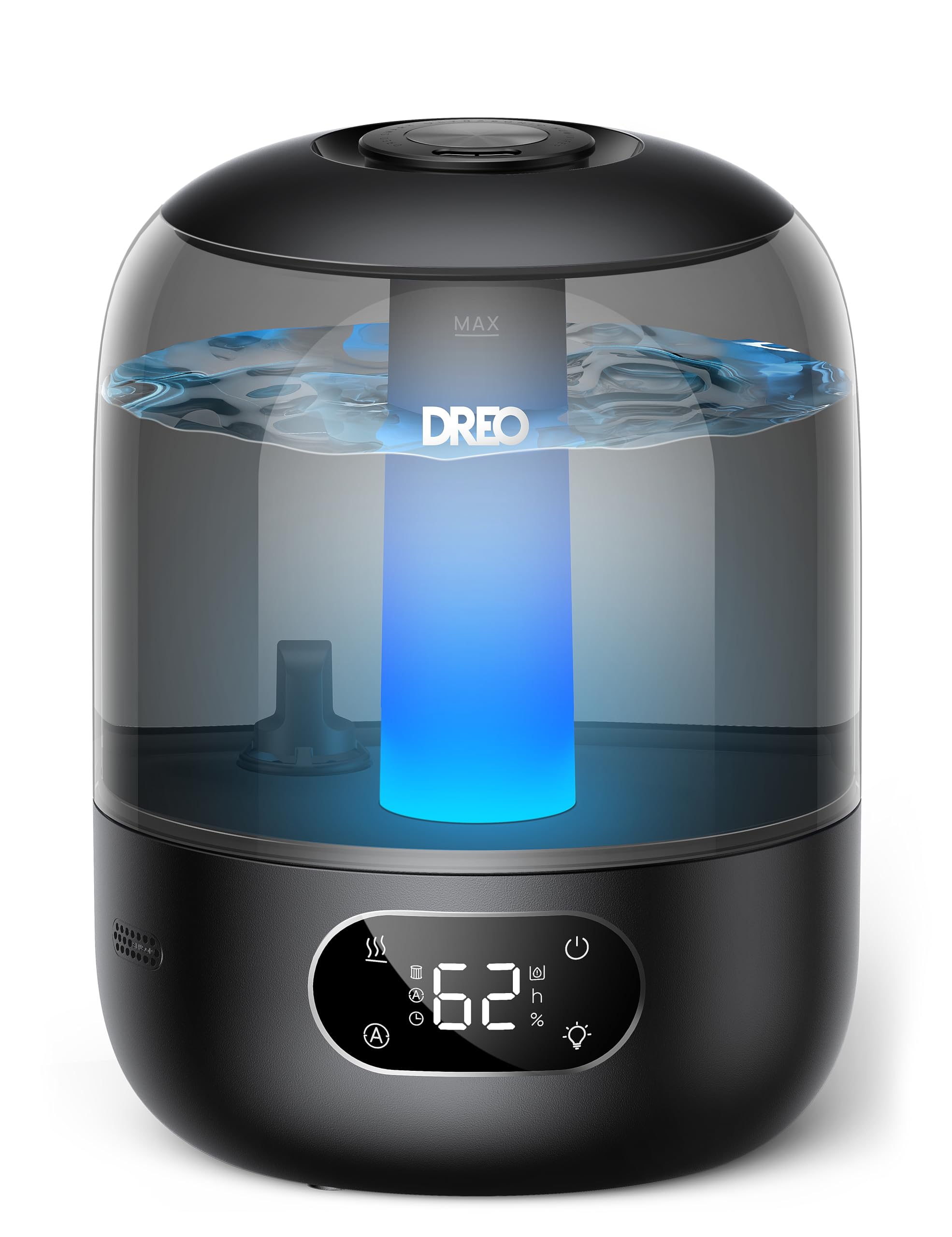 Un umidificatore Dreo nero con serbatoio trasparente, luce blu e display digitale che segna 62.