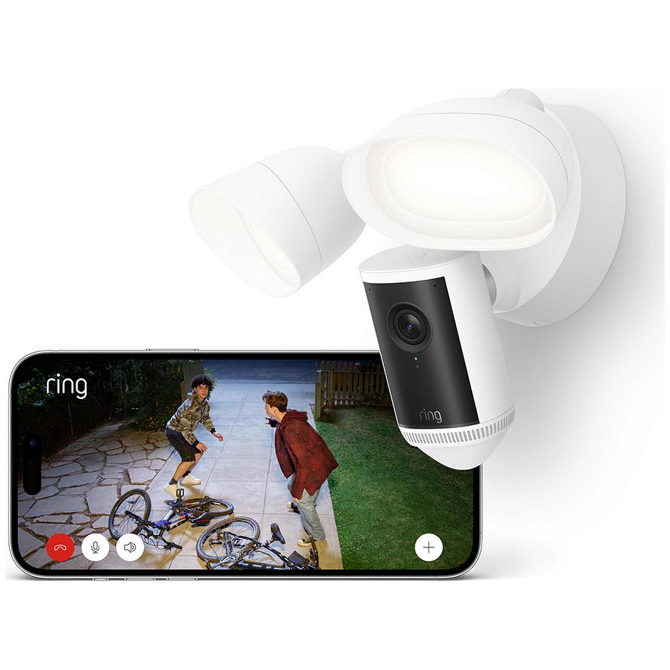 Telecamera con faretto Ring con doppia luce e fotocamera, che mostra un video in diretta su uno smartphone.