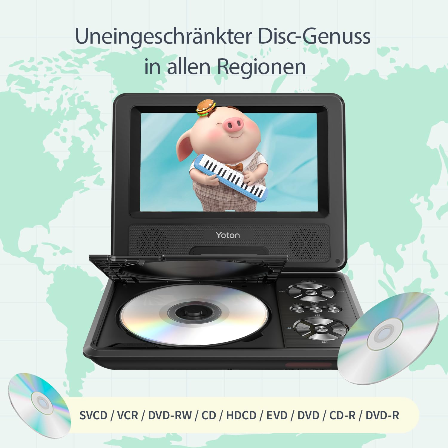 Tragbarer Yoton DVD-Player mit eingelegter Disc, umgeben von zwei weiteren CDs und einer Weltkarte im Hintergrund.