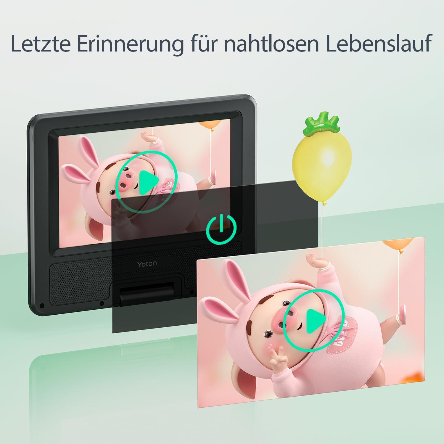Ein portabler DVD-Player zeigt ein Bild von einem Cartoon-Schwein mit Hasenohren und einem gelben Luftballon.
