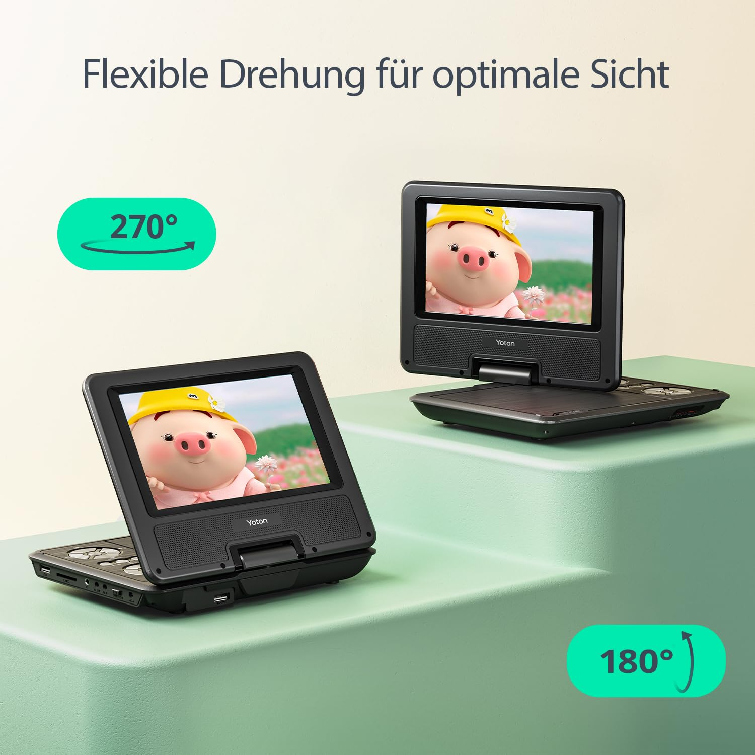 Zwei tragbare DVD-Player auf einer grünen Treppe, mit 270 und 180 Grad Drehung.