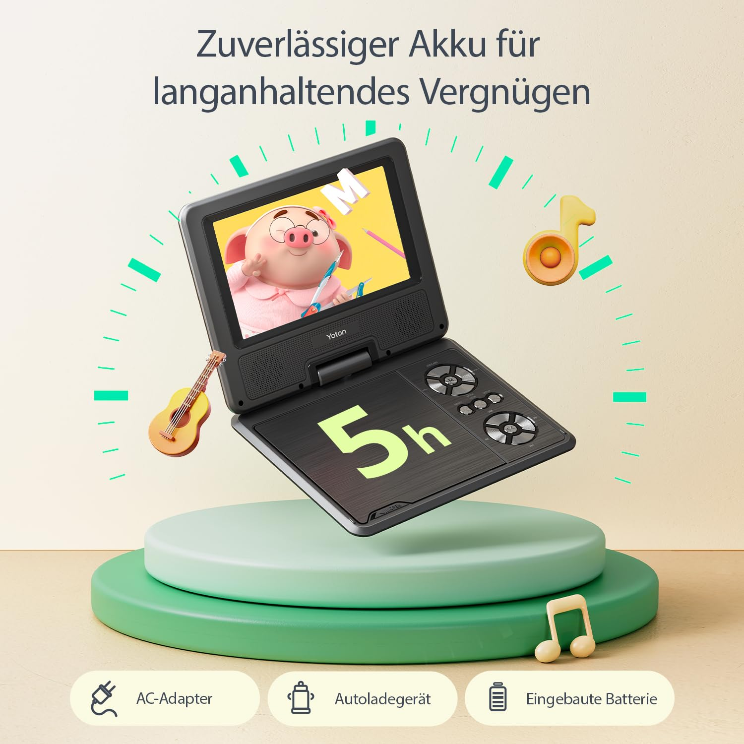 Ein tragbarer DVD-Player auf einem grünen Podest mit Cartoon-Bildschirm und Musiknoten.