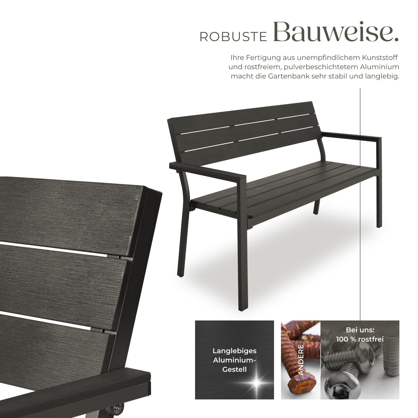 Eine schwarze Gartenbank aus Kunststoff und rostfreiem Aluminium mit Detailaufnahmen.