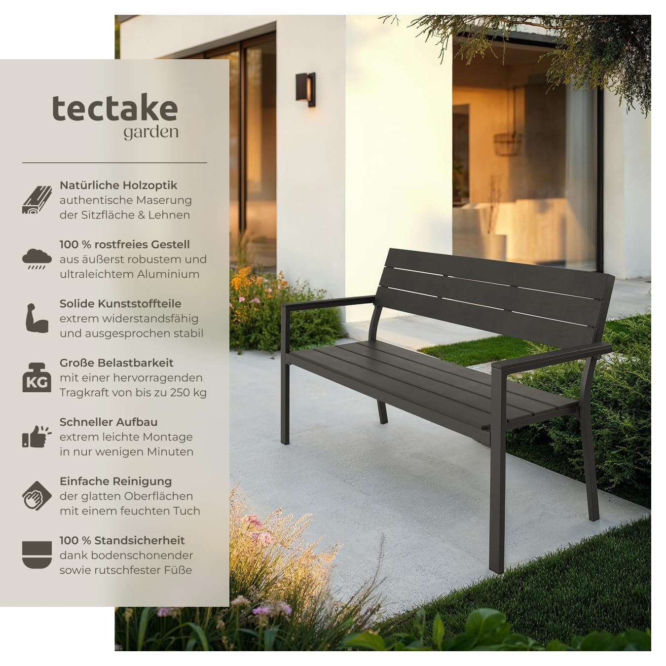 Dunkle Gartenbank vor hellem Haus mit Textfeld links für tectake Garden.