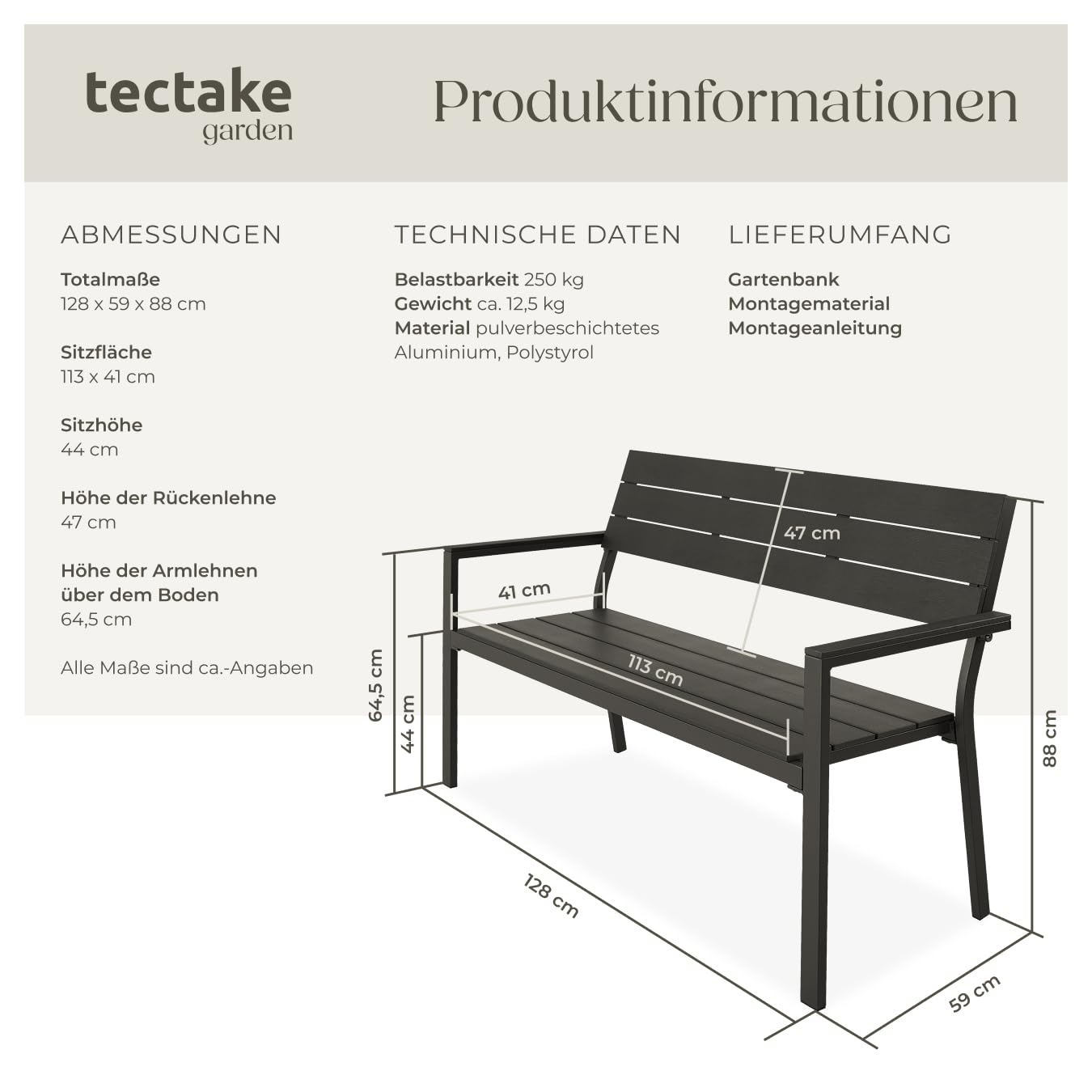 Produktinformationen und Maße einer schwarzen Tectake Gartenbank mit Aluminiumgestell.