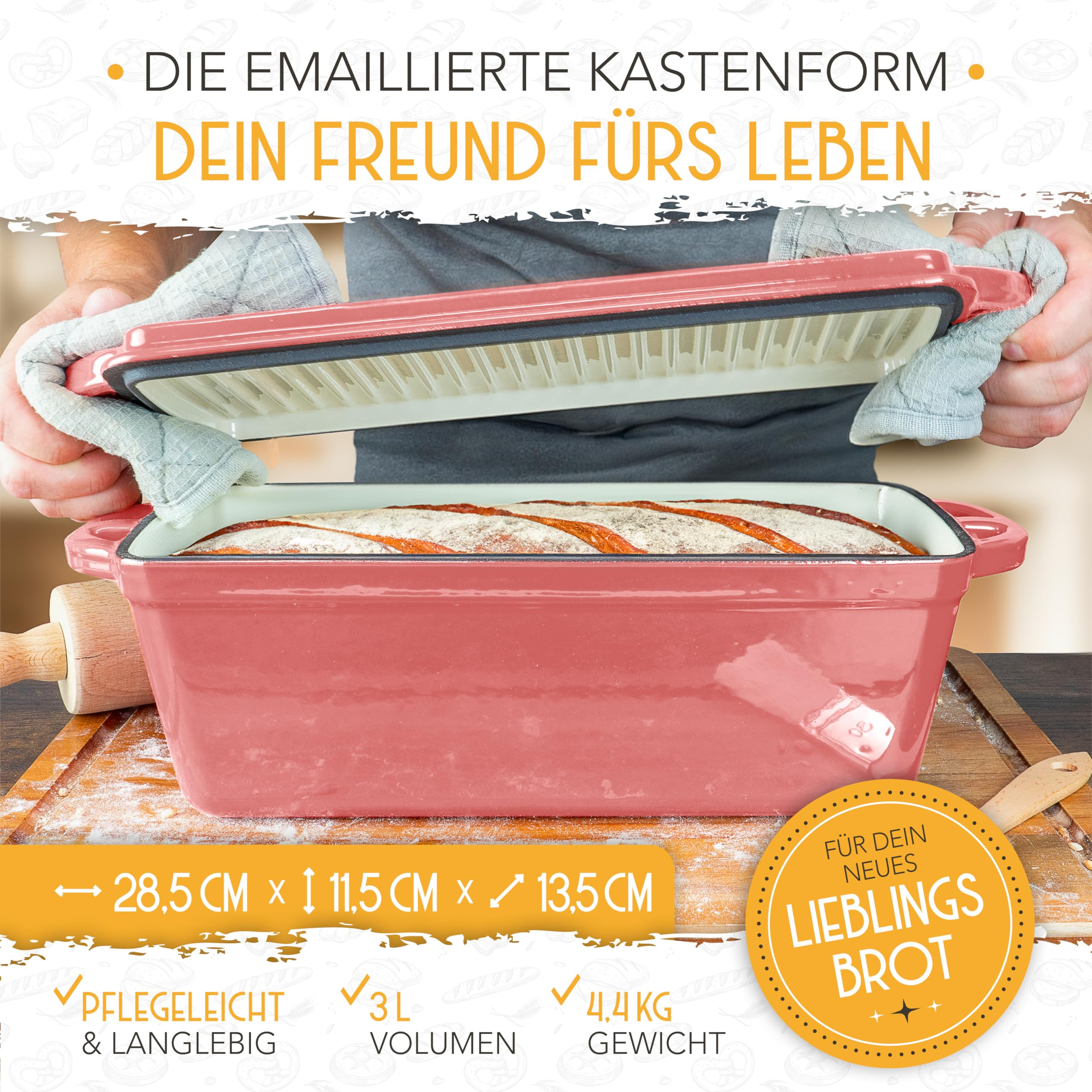 Rosa emaillierte Kastenform mit frischem Brot, Maßen und Text auf dem Bild.