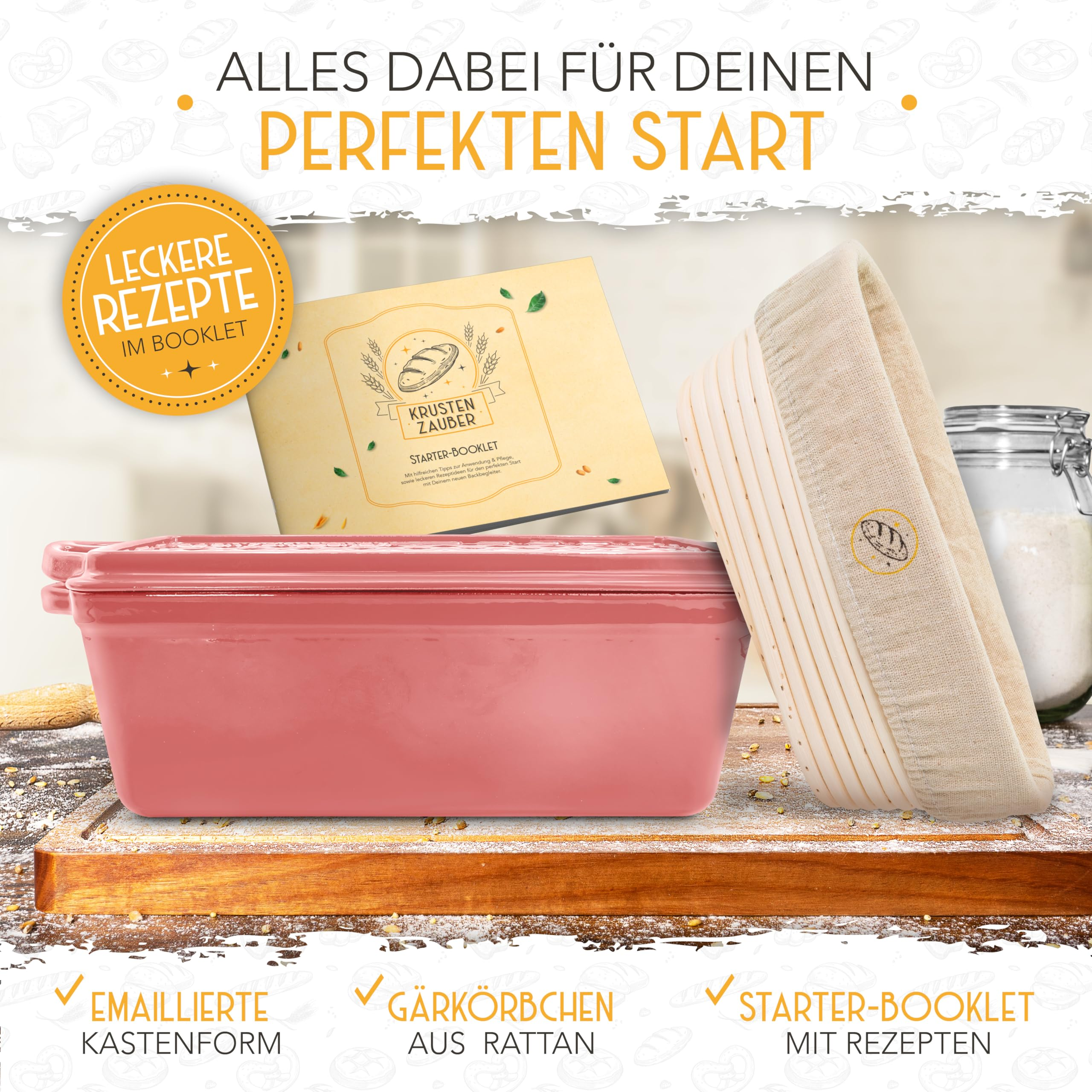 Ein Backset mit einer rosa Kastenform, einem Rattan-Gärbäckchen, einem Rezeptbuch und einem Glas.