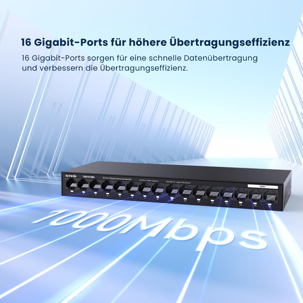Uno switch Ethernet Gigabit Tenda a 16 porte nero davanti a uno sfondo blu con scie luminose e testo.