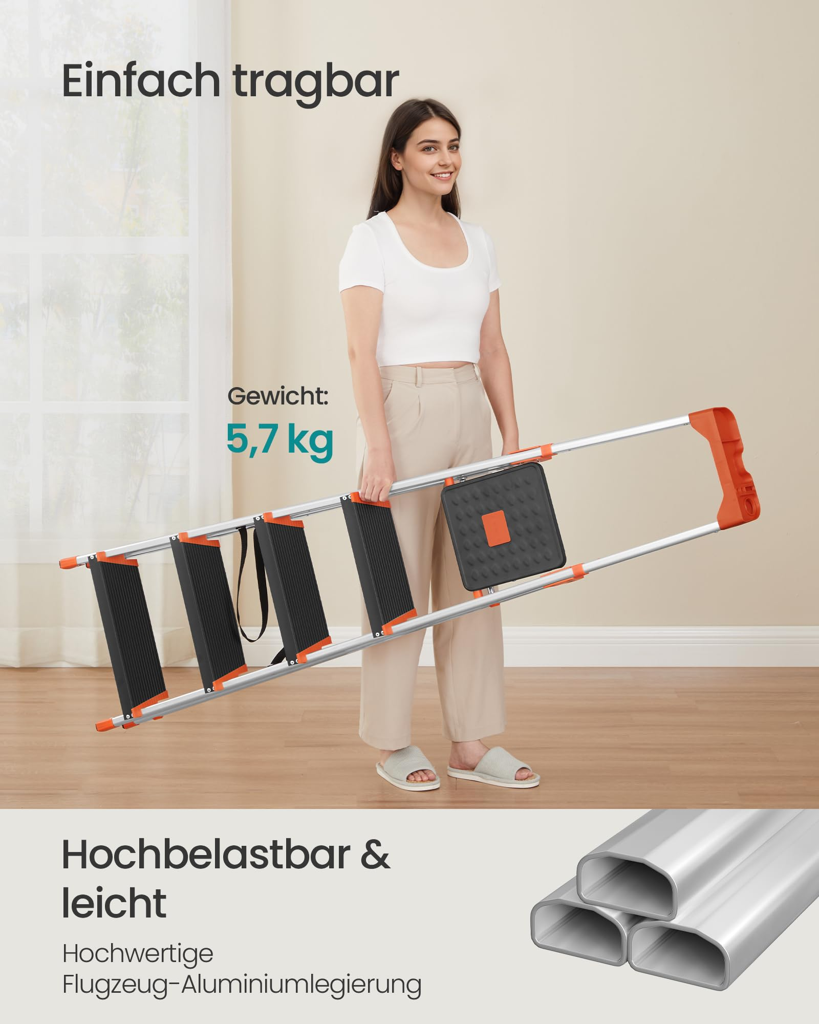 Eine Frau hält eine leichte Aluminiumleiter im Wohnzimmer, Text overlays auf Deutsch inklusive.