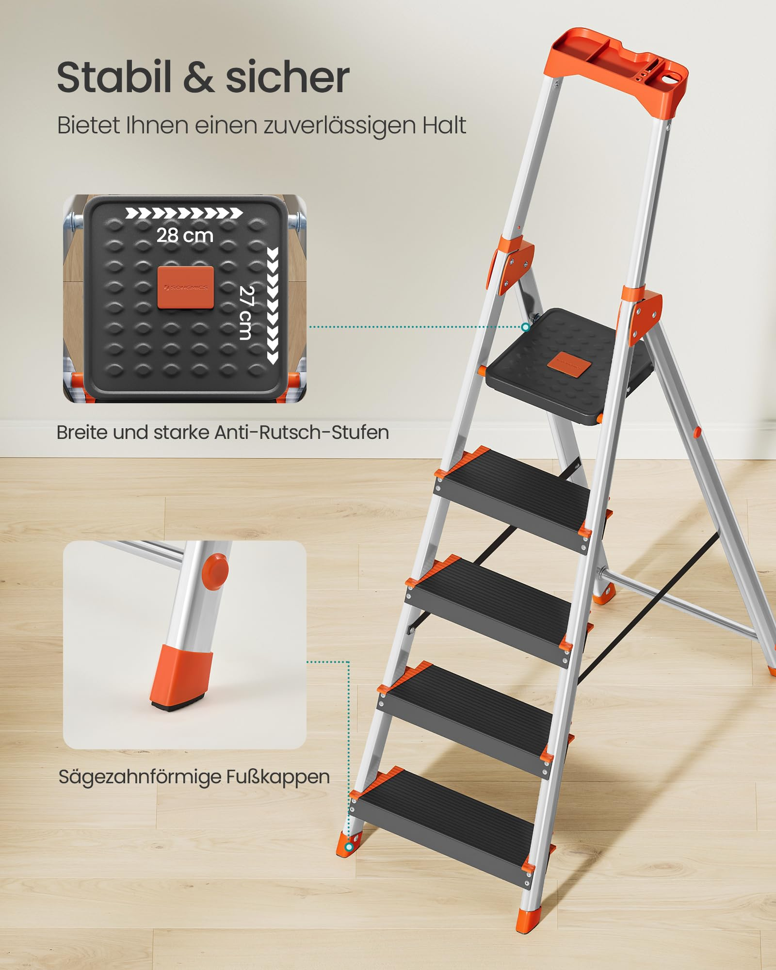 Silberne Stehleiter mit schwarzen Antirutsch-Stufen und orangen Akzenten, inklusive Detailansichten.