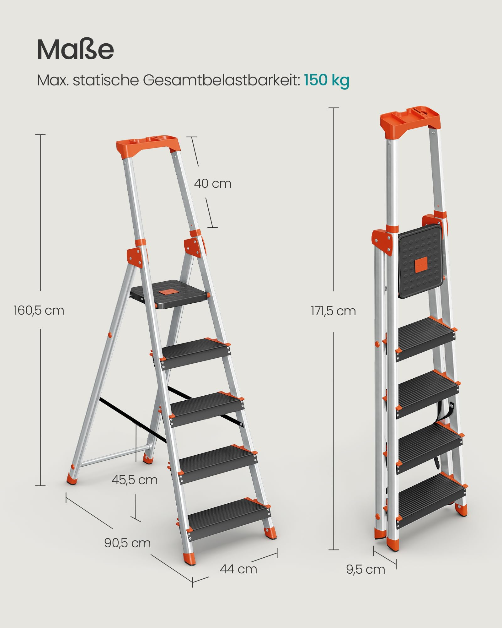 Technische Zeichnung einer silbernen Haushaltsleiter mit orangefarbenen Akzenten und Maßangaben.