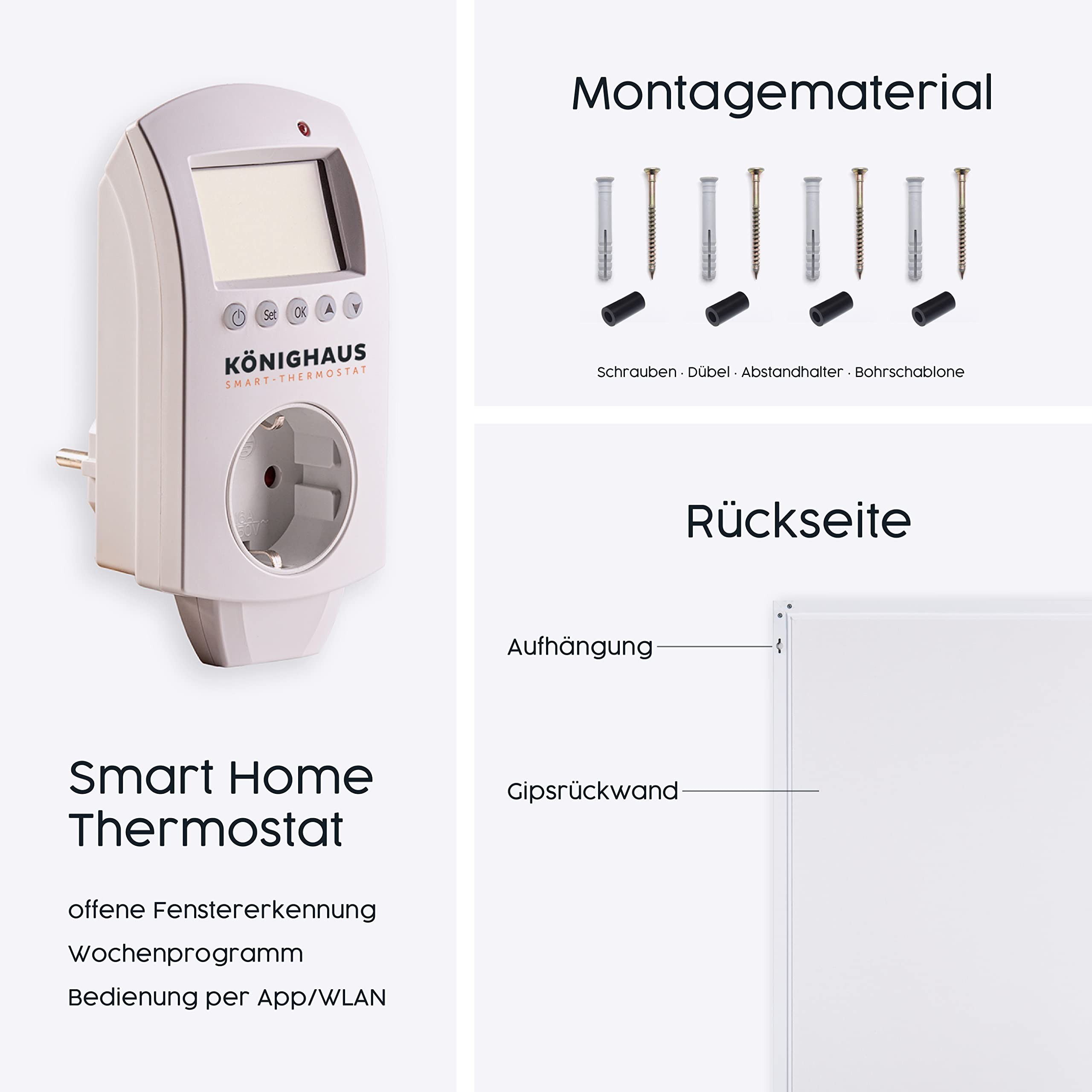 Smart-Thermostat mit Stecker, Schrauben und Rückansicht mit Wandhalterung und Gipsrückwand.