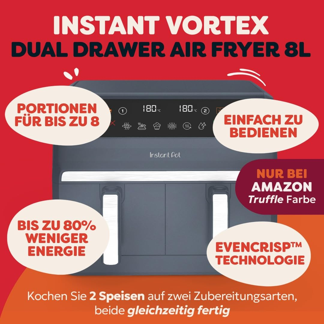 Friteuse sans huile Instant Vortex Dual Drawer 8L couleur truffe avec texte promotionnel.