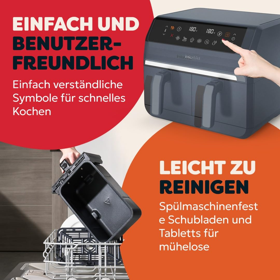 Une friteuse sans huile avec commandes numériques et panier lavable au lave-vaisselle, avec du texte publicitaire allemand.
