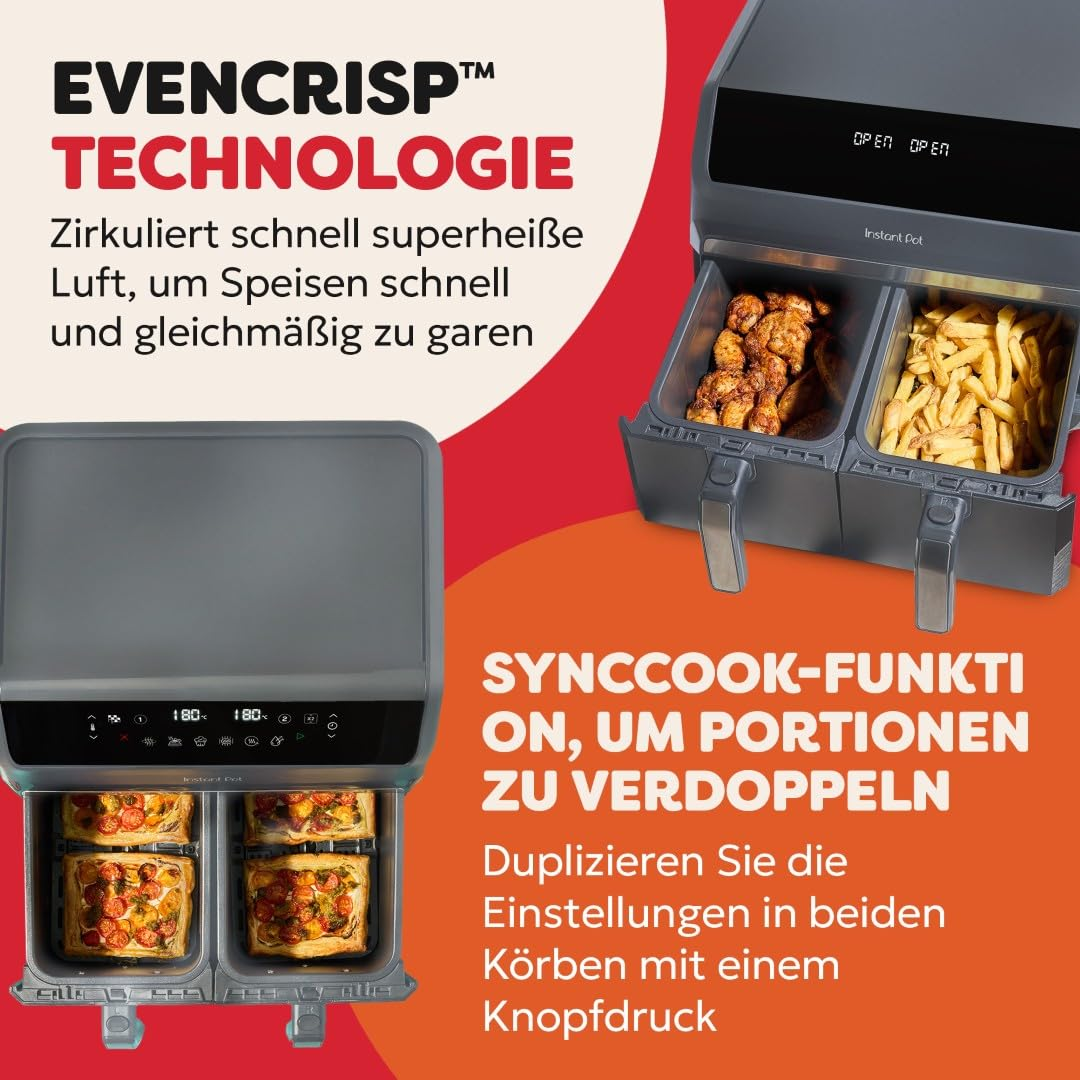 Friteuse à air à double panier Instant Pot avec écran numérique, remplie de poulet et de frites.