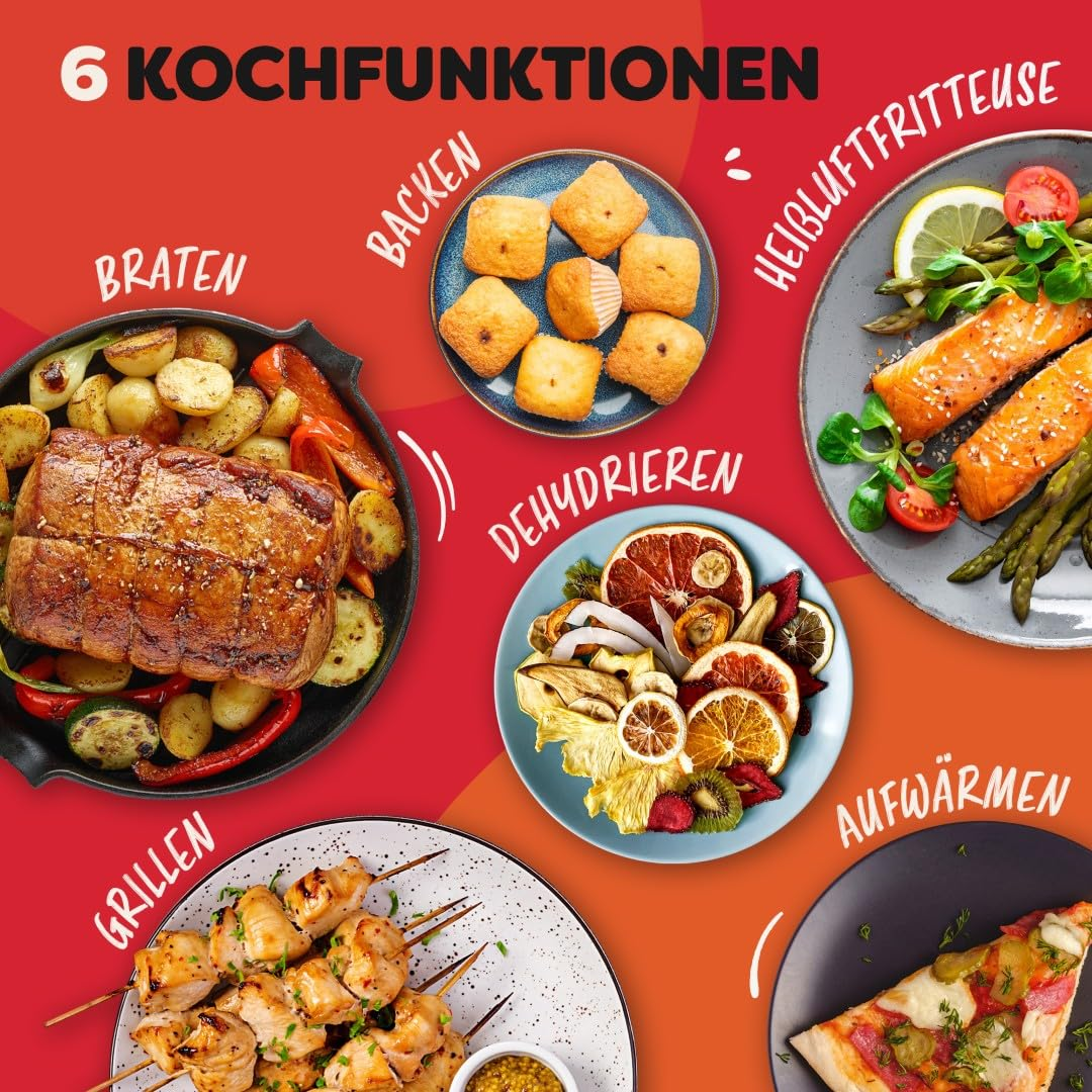 Publicité pour friteuse à air montrant six fonctions de cuisson avec des plats comme rôti, pâtisseries, saumon et pizza.