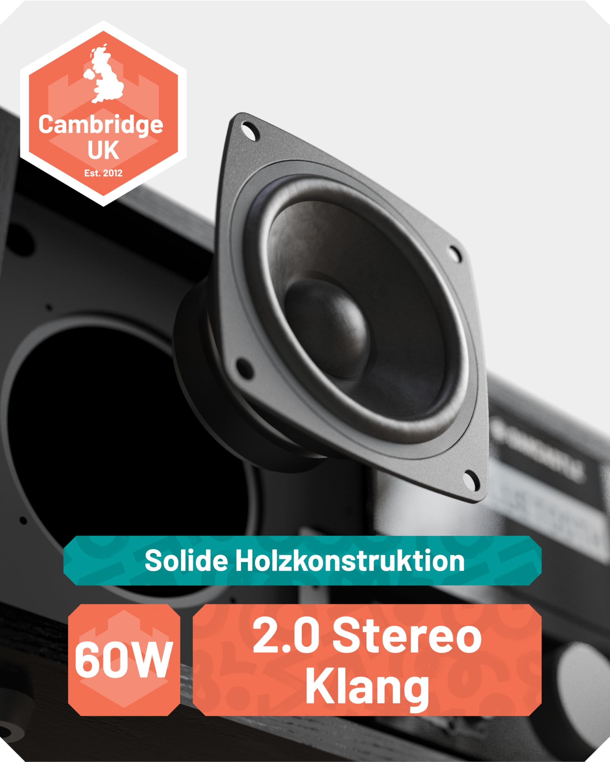 Lautsprecher mit Holzkonstruktion, 60W Leistung und 2.0 Stereo Klang, entworfen in Cambridge UK.