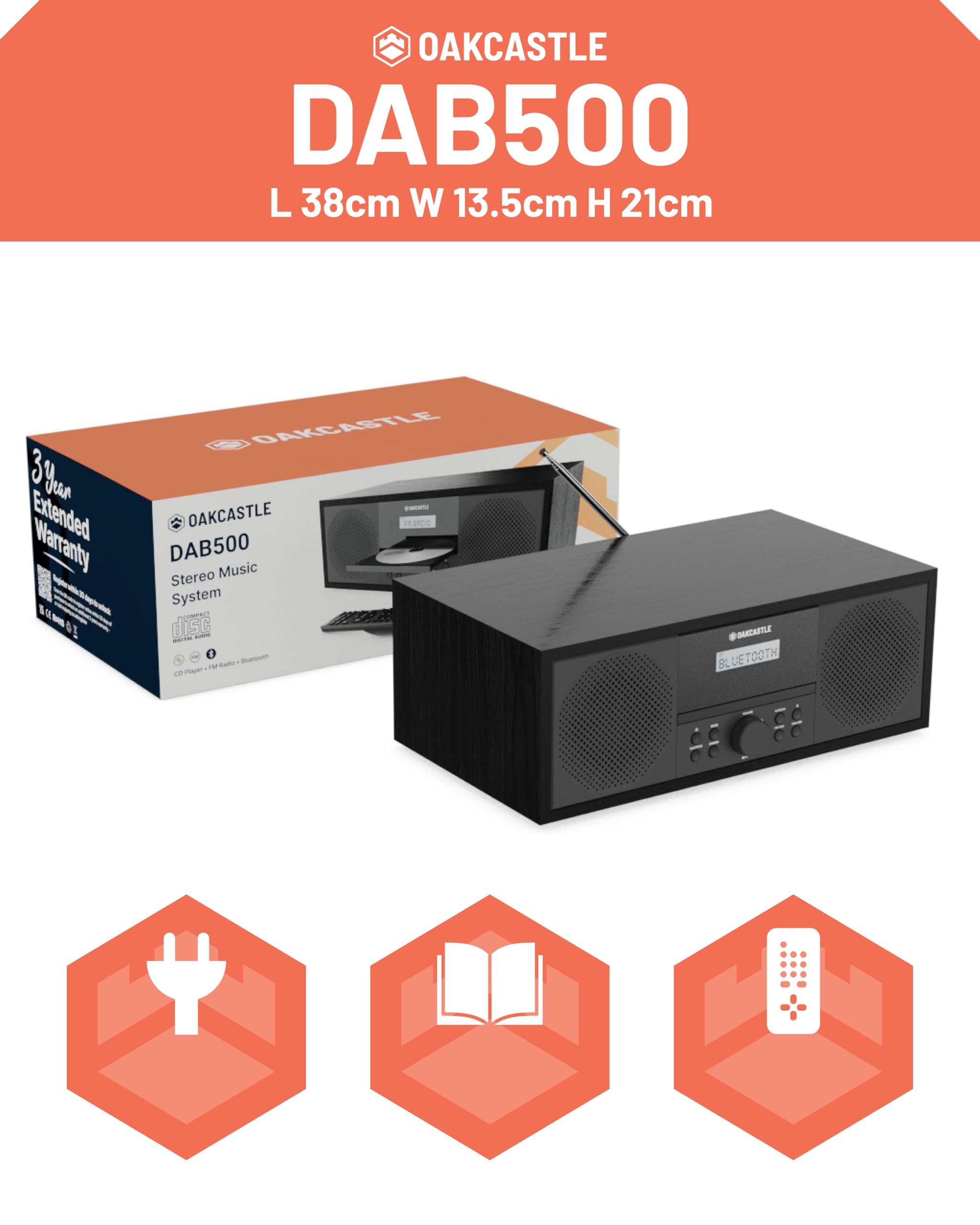 Oakcastle DAB500 Stereo-Musikanlage mit Box und Symbolen für Stecker, Handbuch und Fernbedienung.
