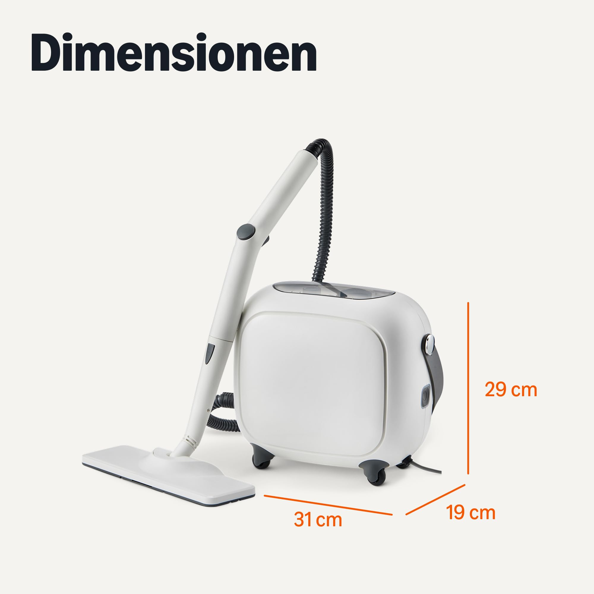 Aspirateur compact blanc avec tuyau et brosse sur fond clair indiquant les dimensions 31x19x29 cm.