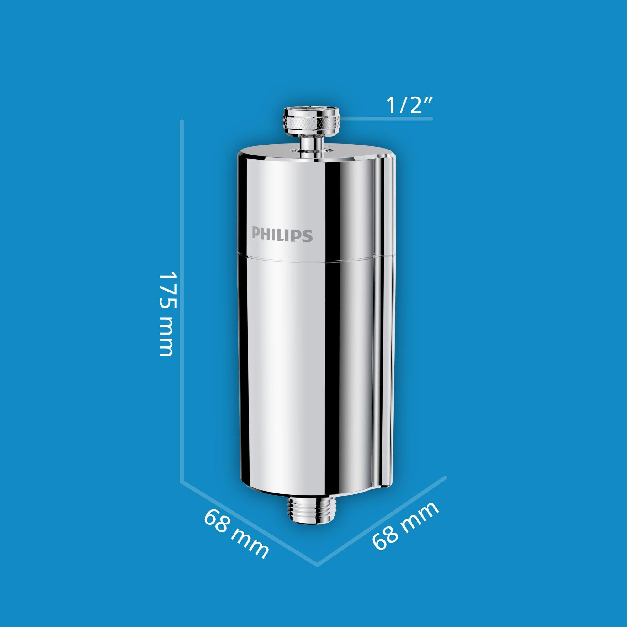 Ein verchromter Philips-Wasserfilter mit Maßlinien für 175 mm Höhe, 68 mm Breite und einem 1/2-Zoll-Anschluss.