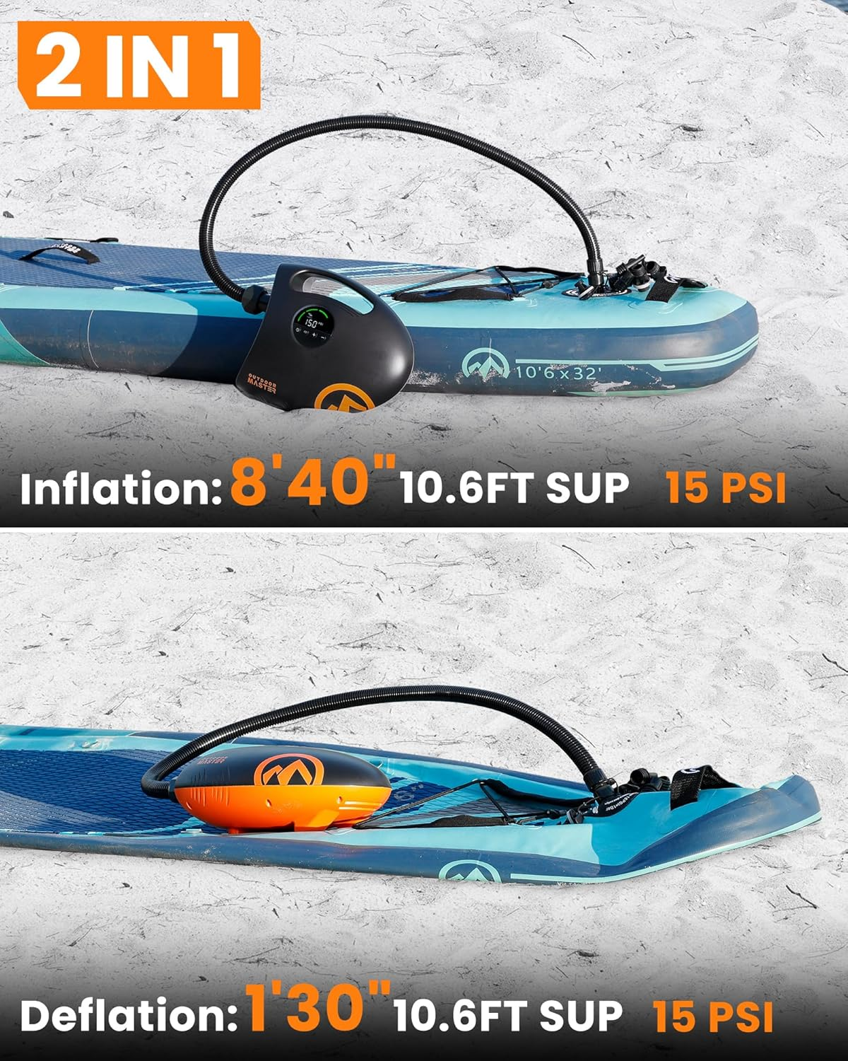 Une planche SUP gonflée et dégonflée avec une pompe électrique.