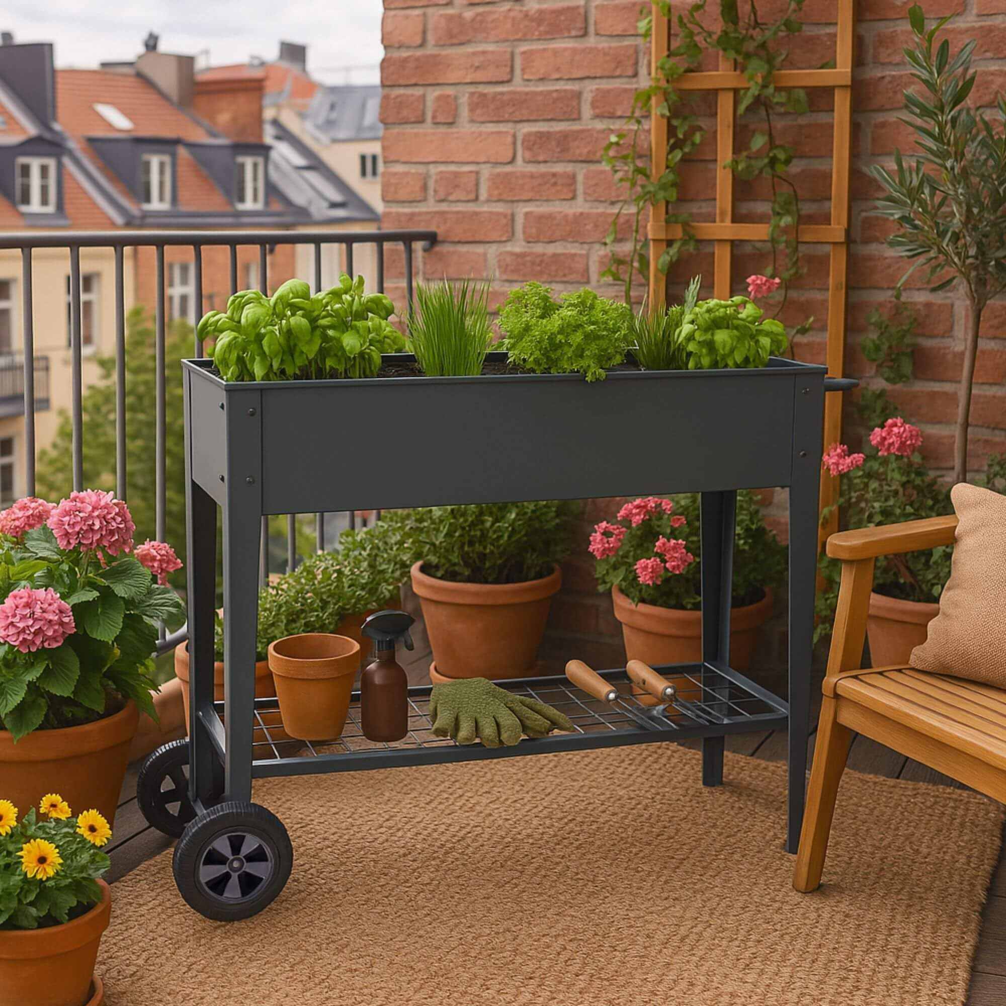 Un chariot de jardinage gris avec des herbes sur un balcon avec des fleurs en pot et une chaise en bois.