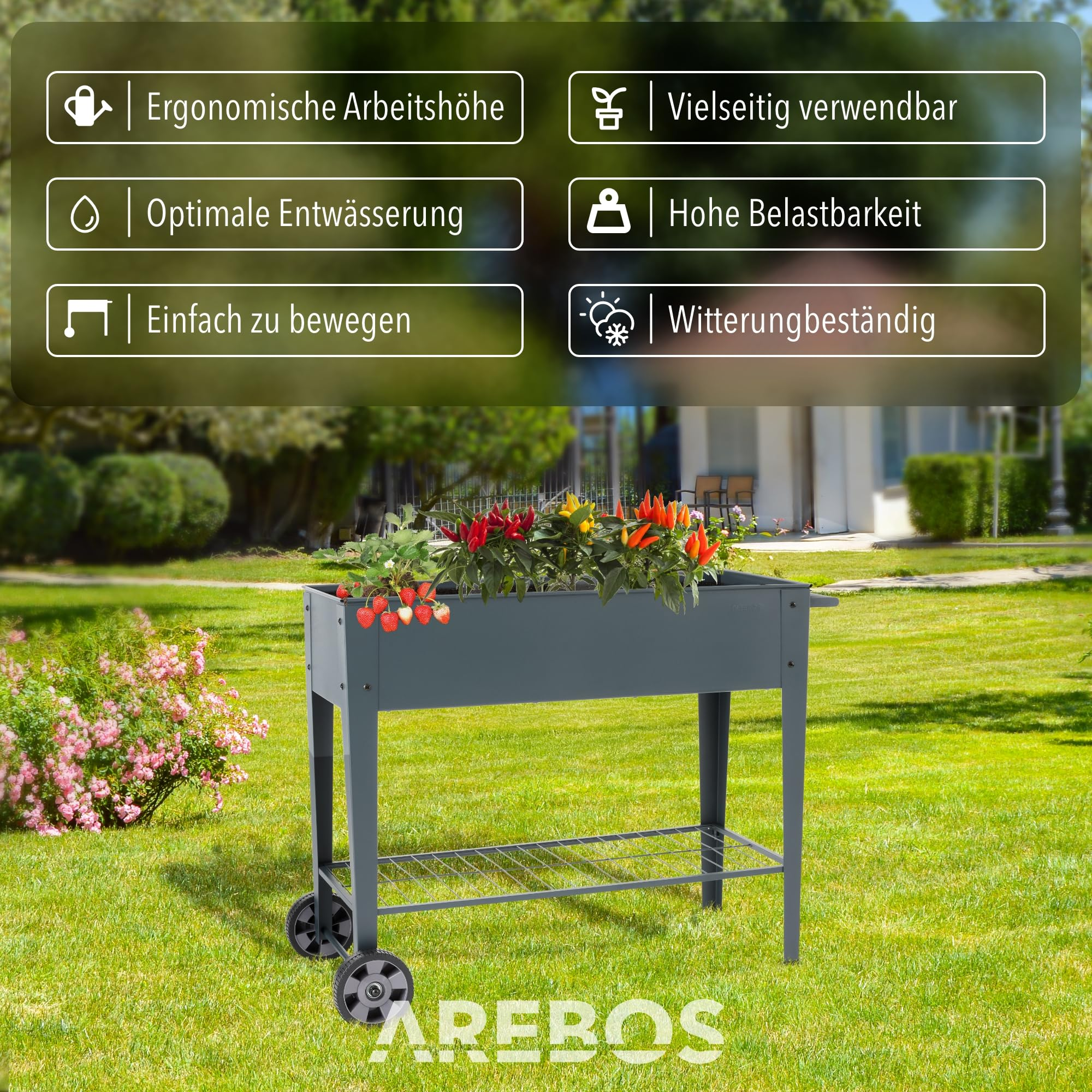 Jardinière surélevée mobile grise avec des plantes sur une pelouse, entourée de zones de texte.