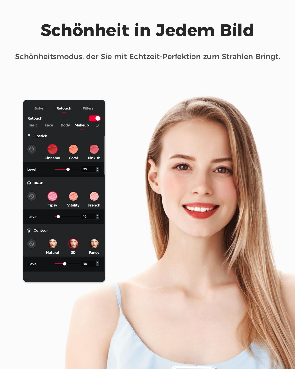 Una donna bionda sorride accanto a un'app per smartphone di ritocco viso.