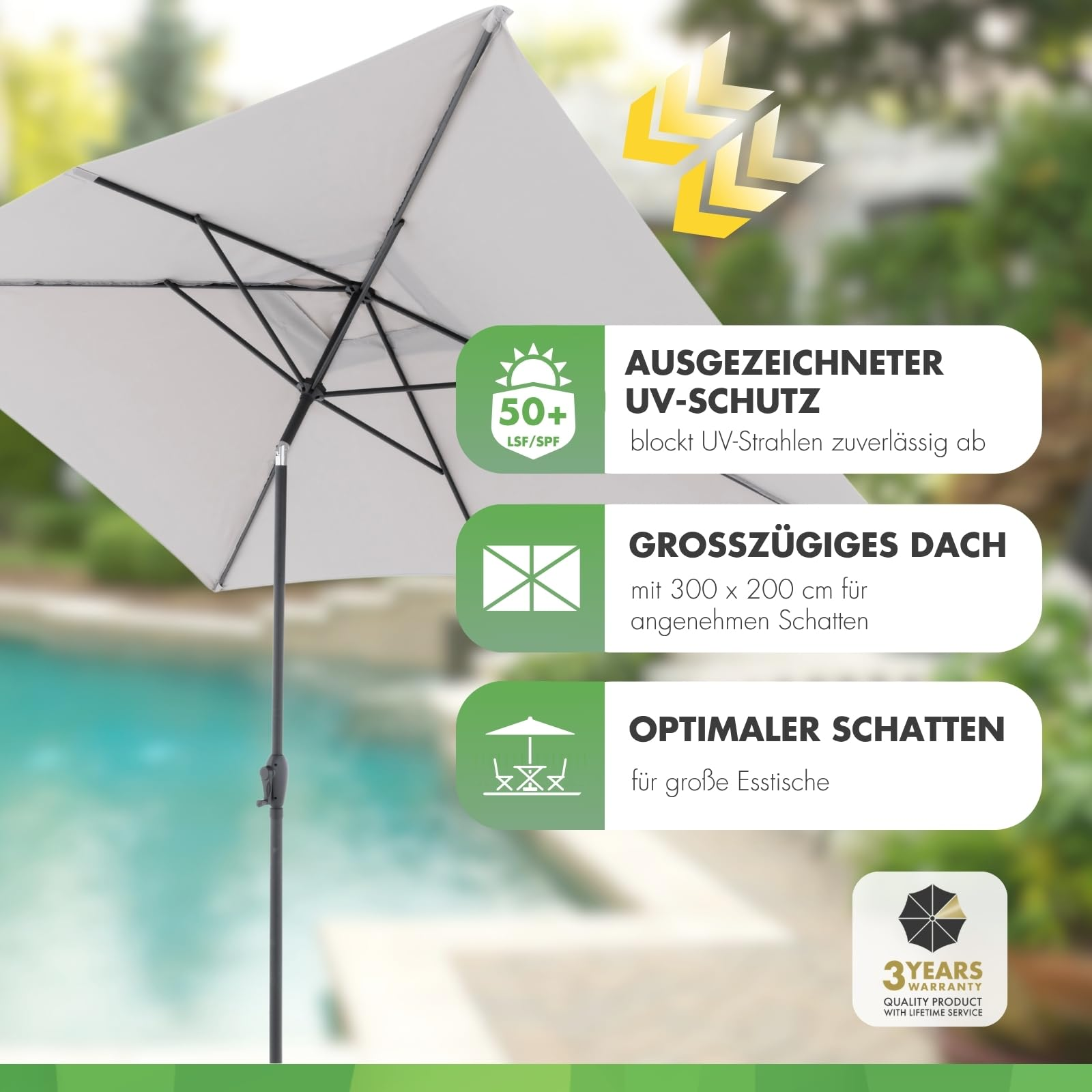 Ein hellgrauer Terrassenschirm an einem Pool mit drei Textfeldern, die Features beschreiben.