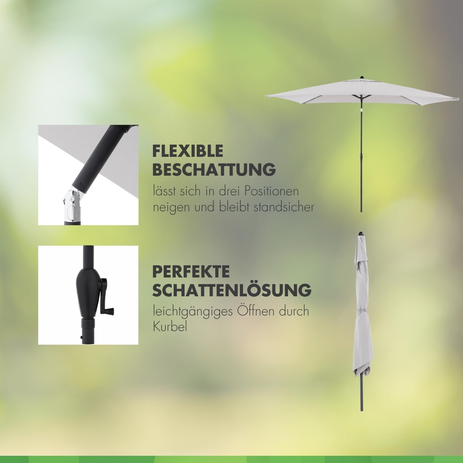 Grauer Sonnenschirm mit Kurbel und neigbarem Gelenk gegen grüne Unschärfe.