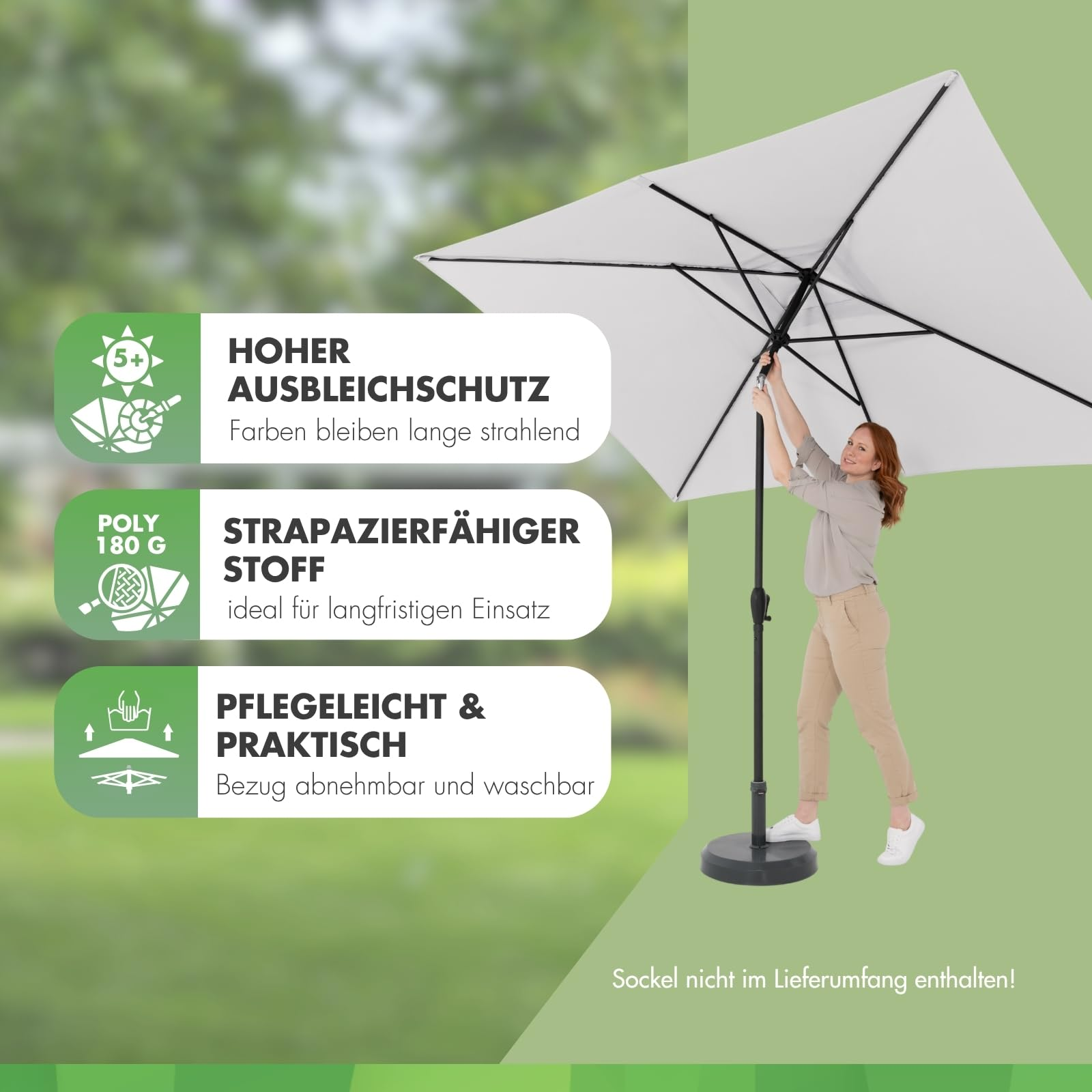 Eine Frau hält einen großen weißen Sonnenschirm. Links zeigen grüne Infoboxen Produkteigenschaften auf.