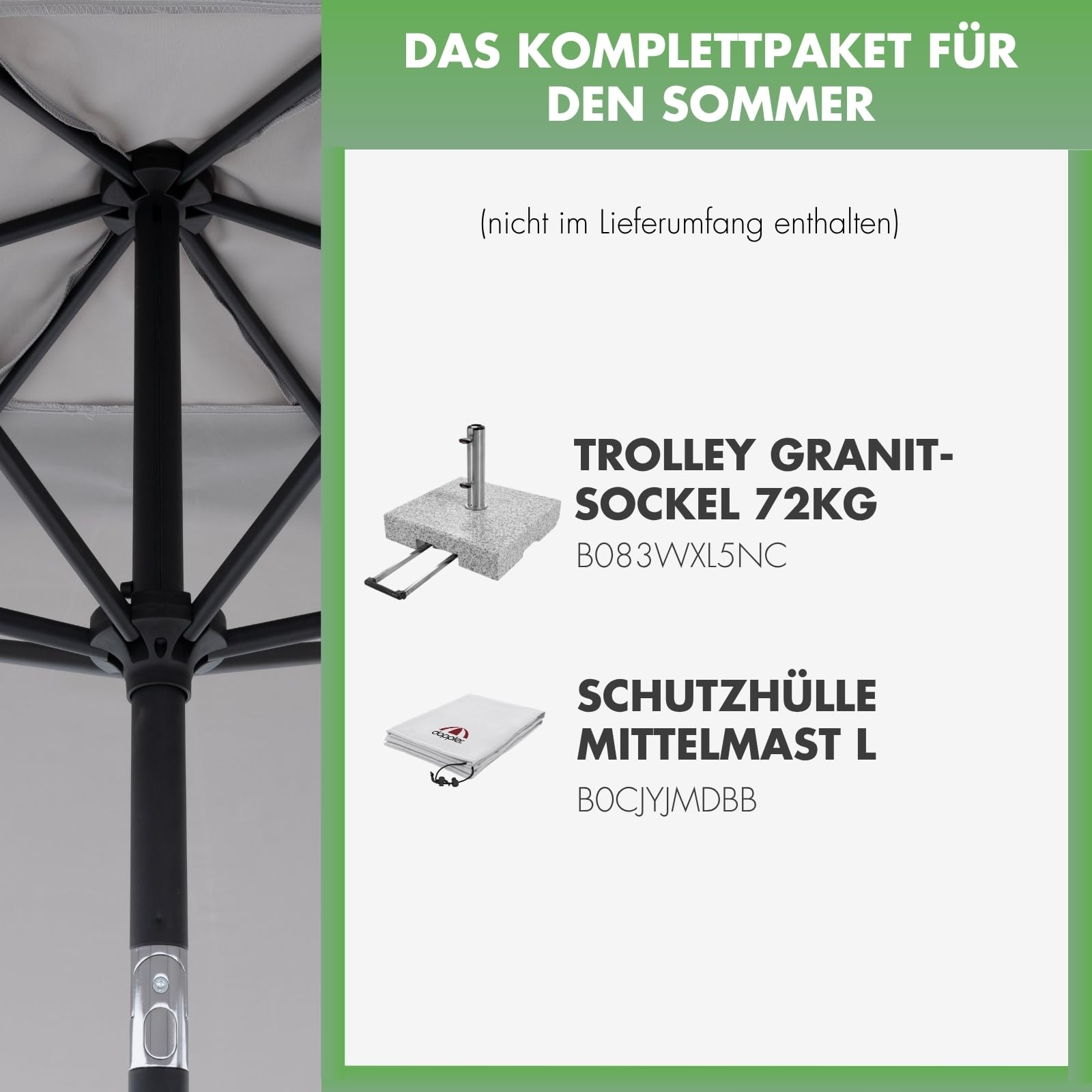 Sommer-Komplettpaket Werbung mit Granitsockel und Schutzhülle neben einem Sonnenschirm.