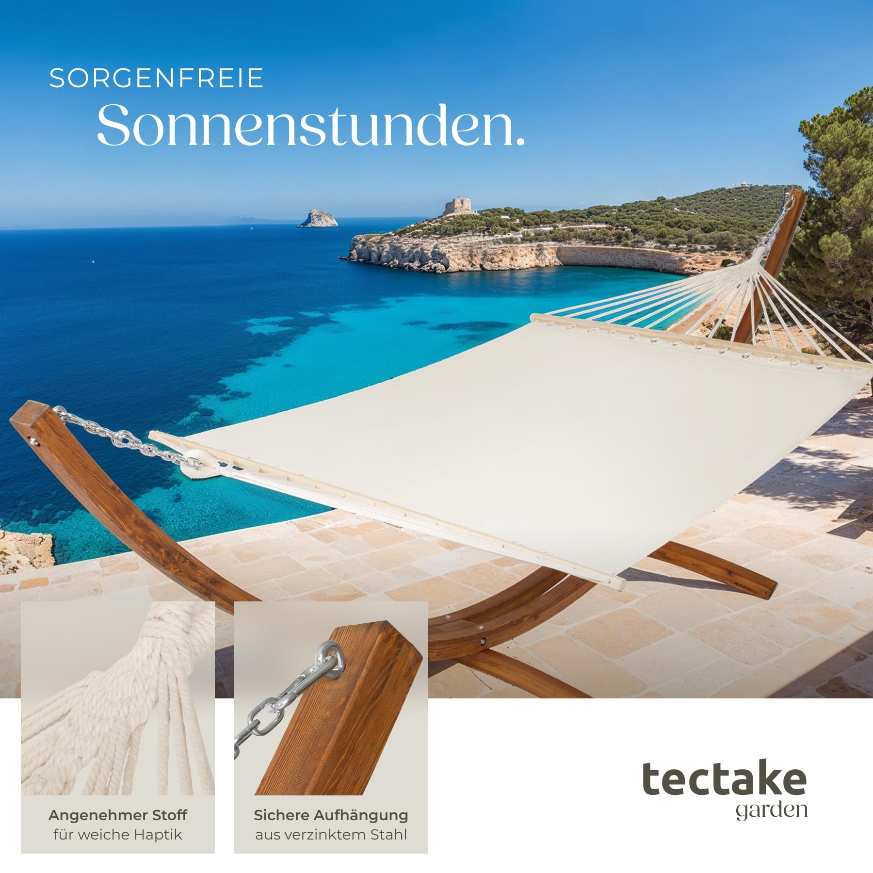 Eine weiße Hängematte auf einer Terrasse mit Blick auf das blaue Meer und zwei Detailbilder von Stoff und Kette.