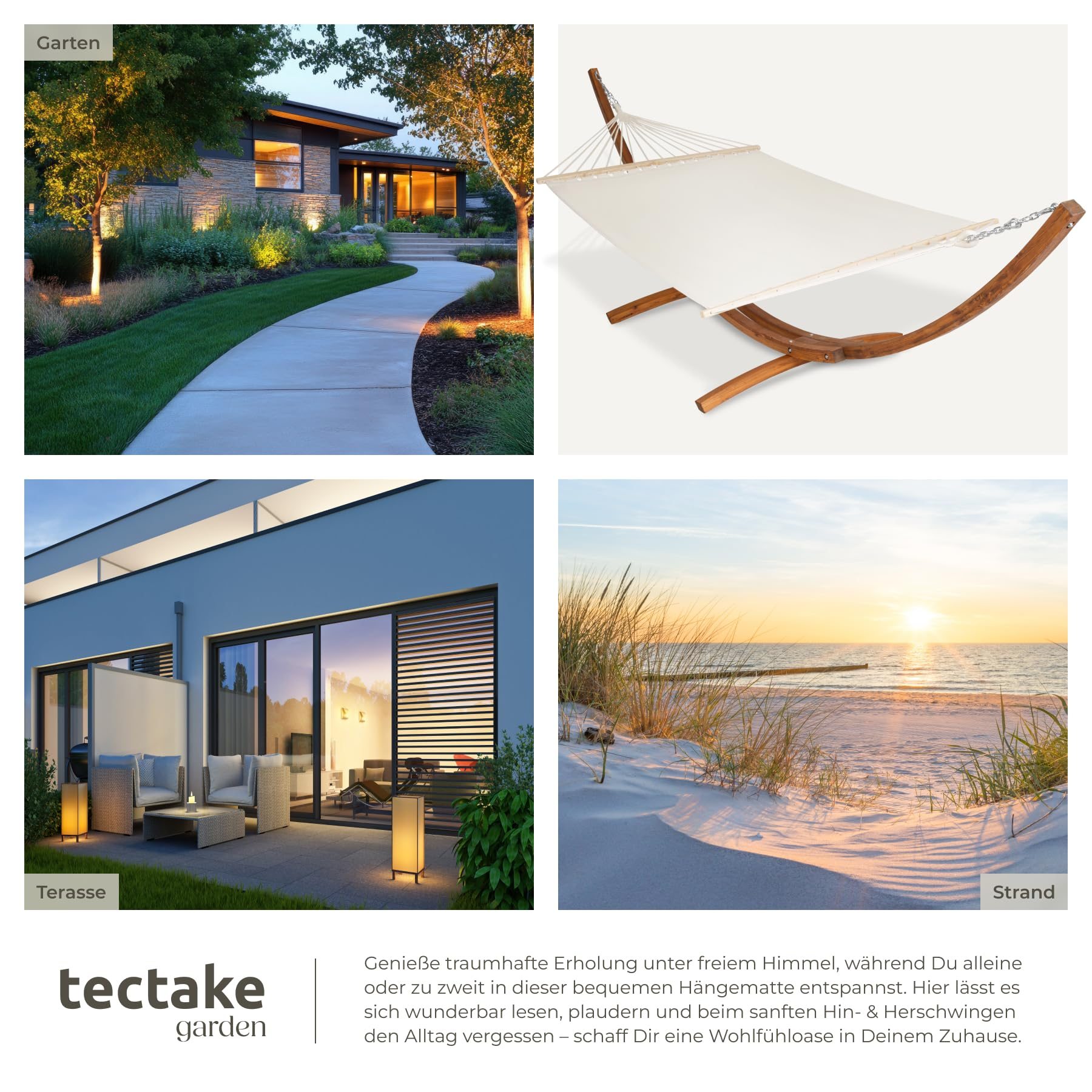 Eine Collage zeigt einen modernen Garten, eine helle Hängematte auf Holzgestell, eine beleuchtete Terrasse und einen Strand bei Sonnenuntergang.