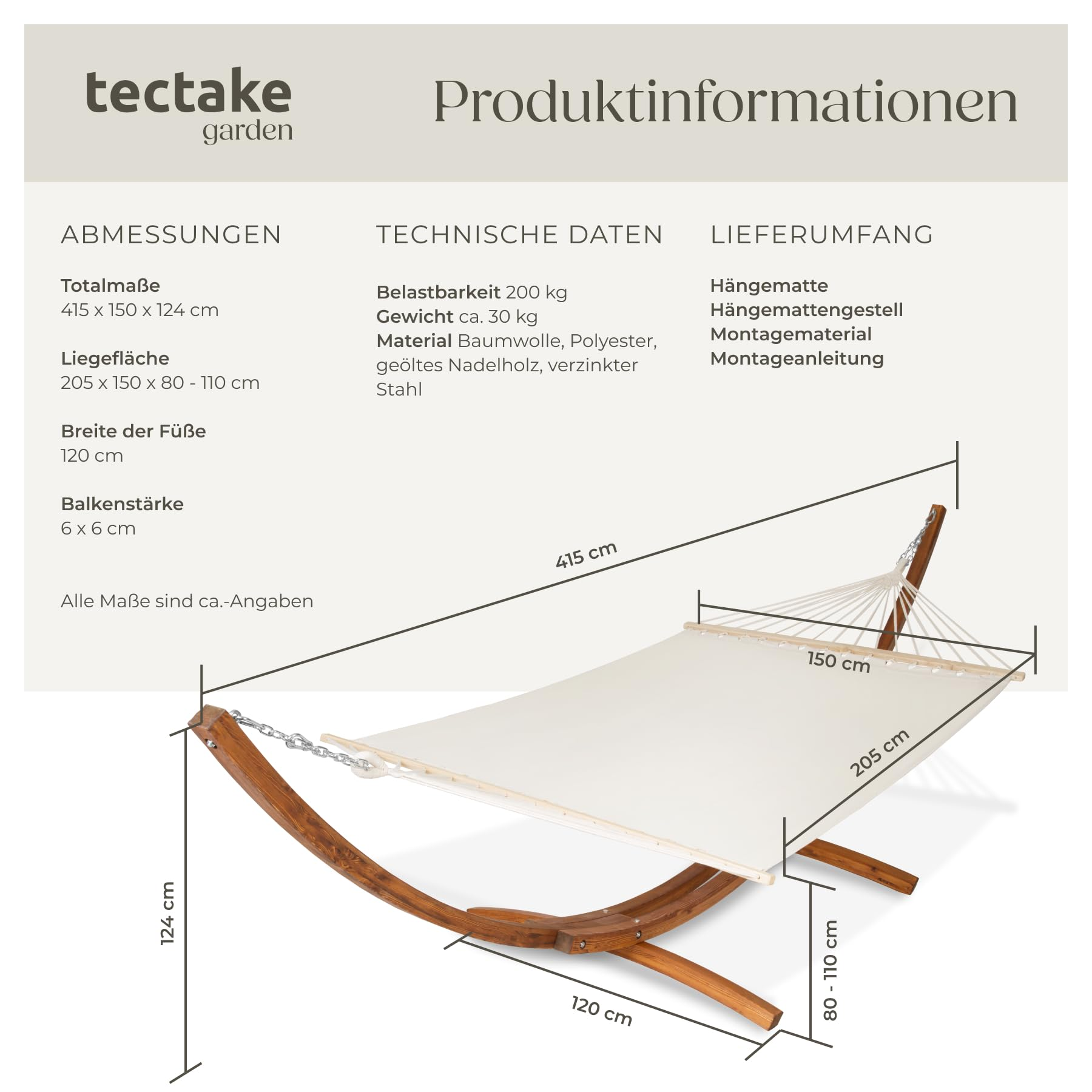 Technische Zeichnung mit Maßen für eine weiße Hängematte mit Holzgestell von tectake garden.