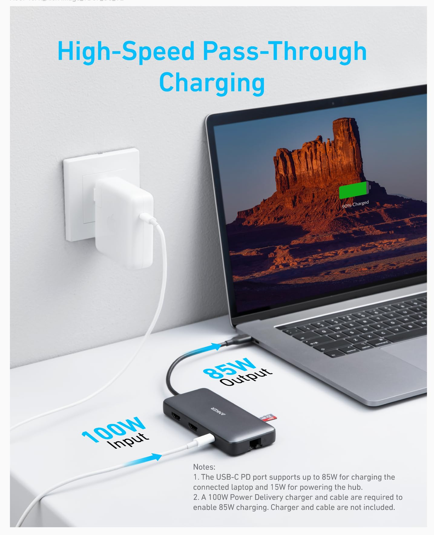 Un computer portatile viene caricato tramite un hub USB-C da 85W.