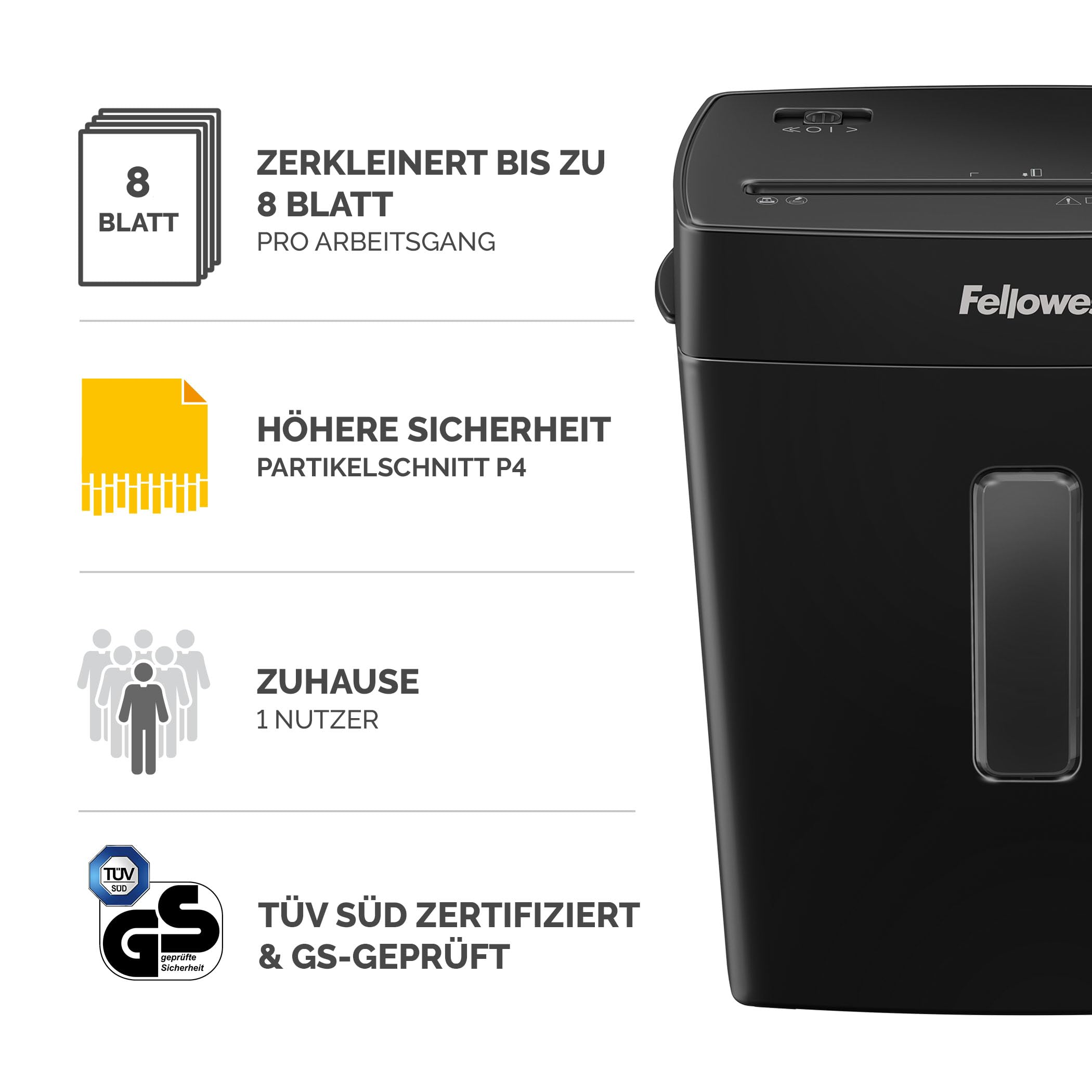 Schwarzer Aktenvernichter mit Grafiken zu Kapazität, Schnitt, Nutzung und Zertifizierung.