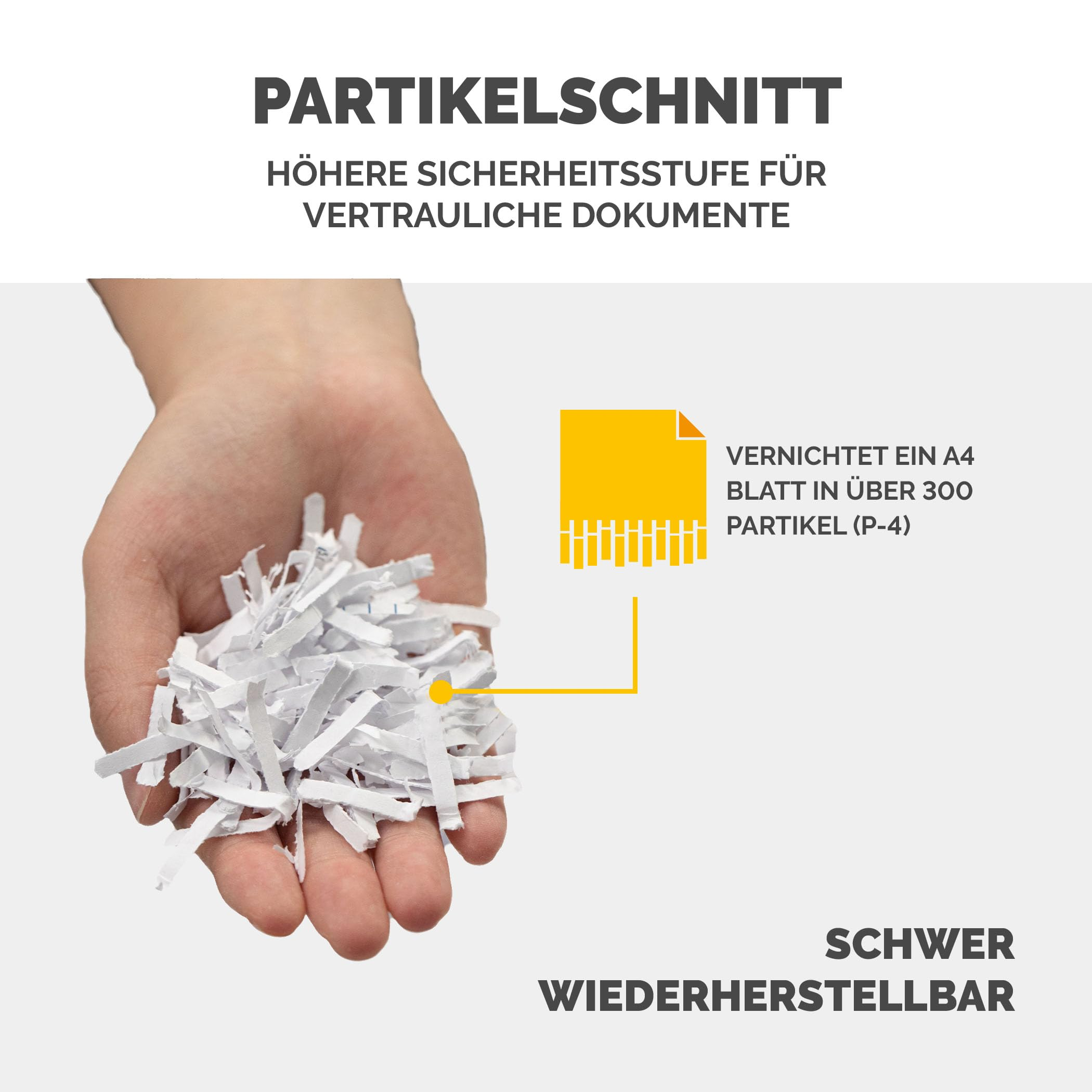 Eine Hand hält geschreddertes Papier. Text und Grafik erklären den Partikelschnitt für Dokumente.