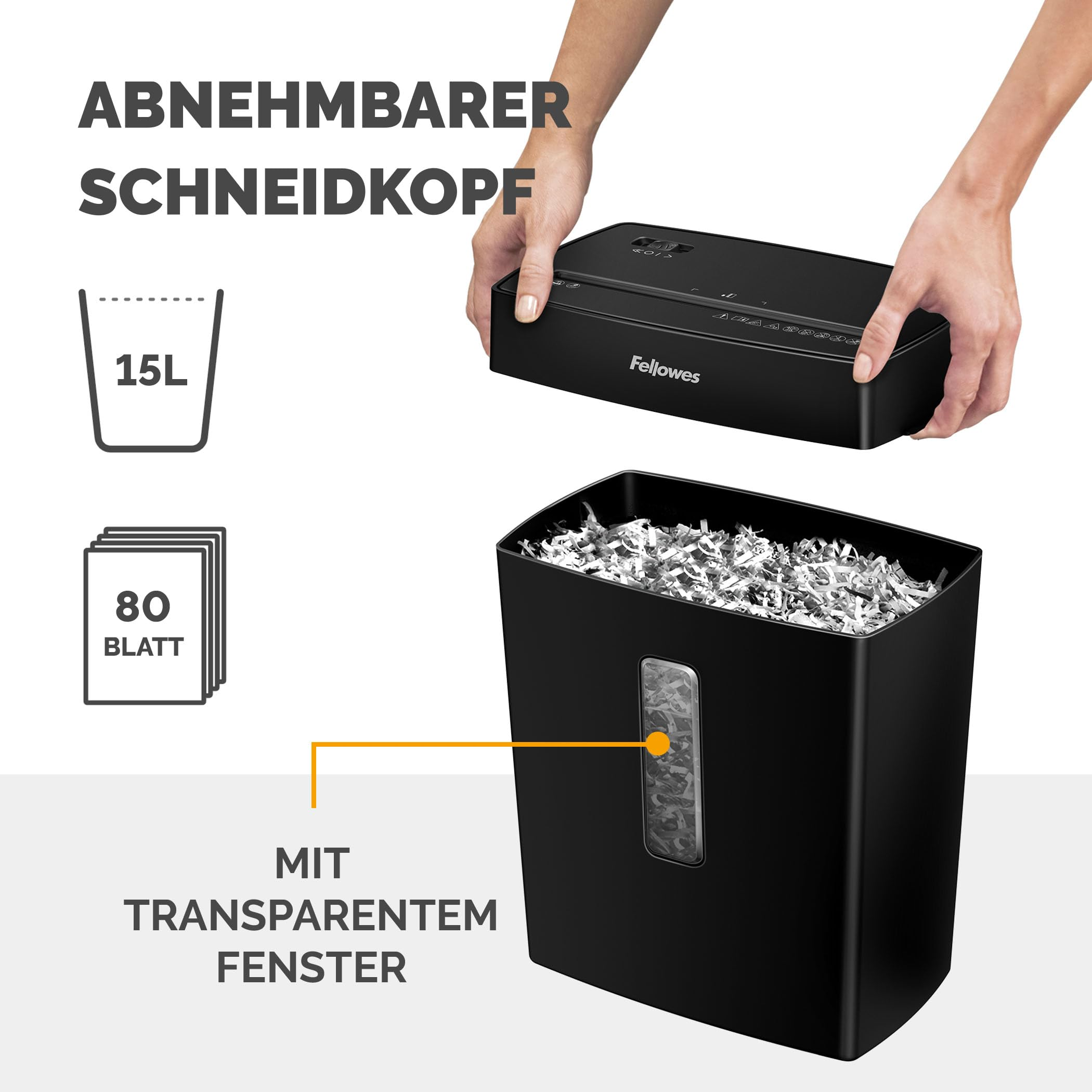 Hände halten den abnehmbaren Kopf eines schwarzen Aktenvernichters über den Behälter mit Sichtfenster.