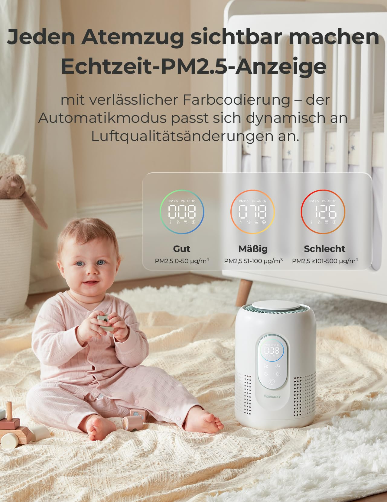 Ein Baby sitzt auf einer Decke neben einem weißen Luftreiniger. Darüber Infografiken zu Luftqualitätswerten.