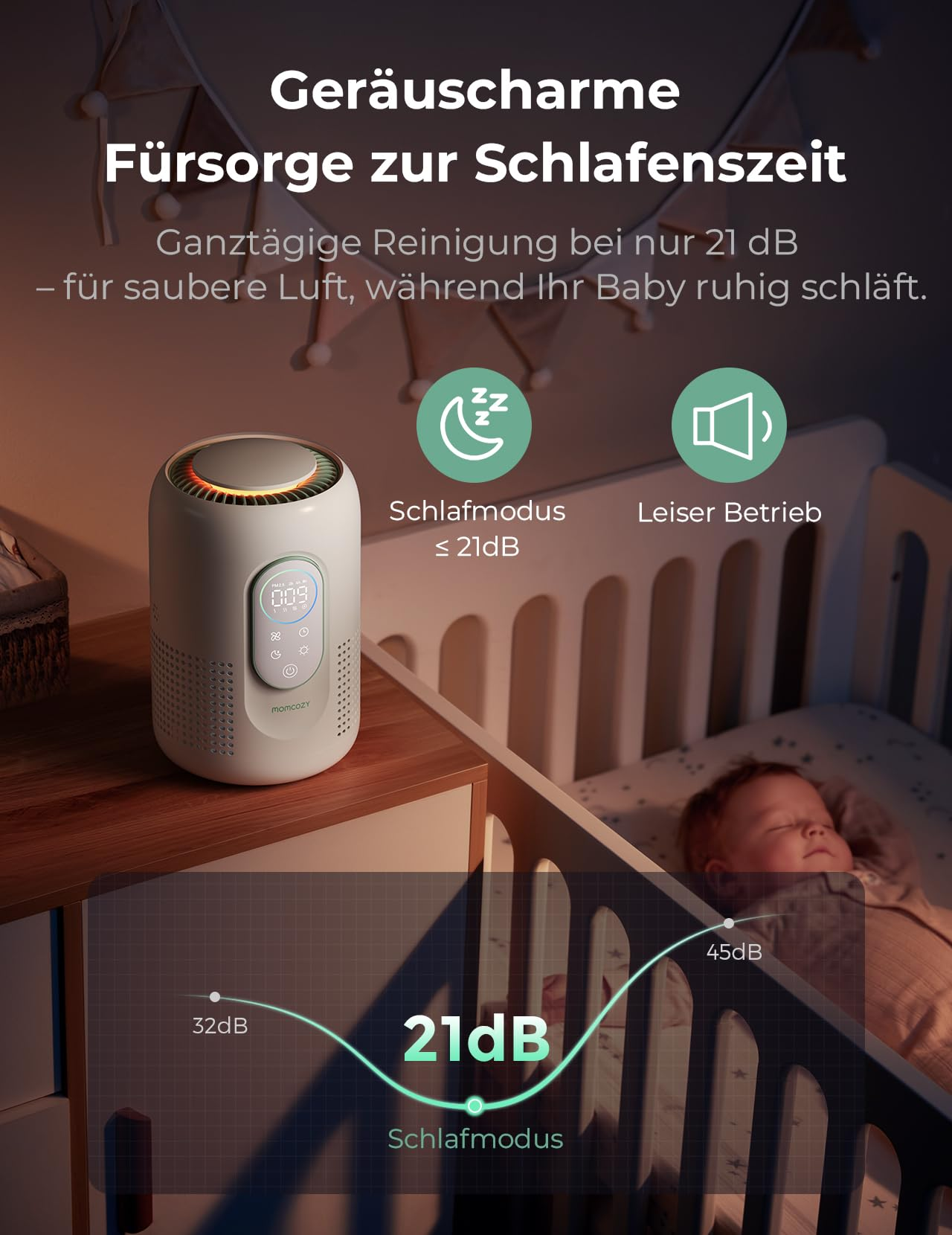 Ein weißer Luftreiniger steht auf einem Tisch neben einem schlafenden Baby im Bettchen in einem ruhigen Zimmer.