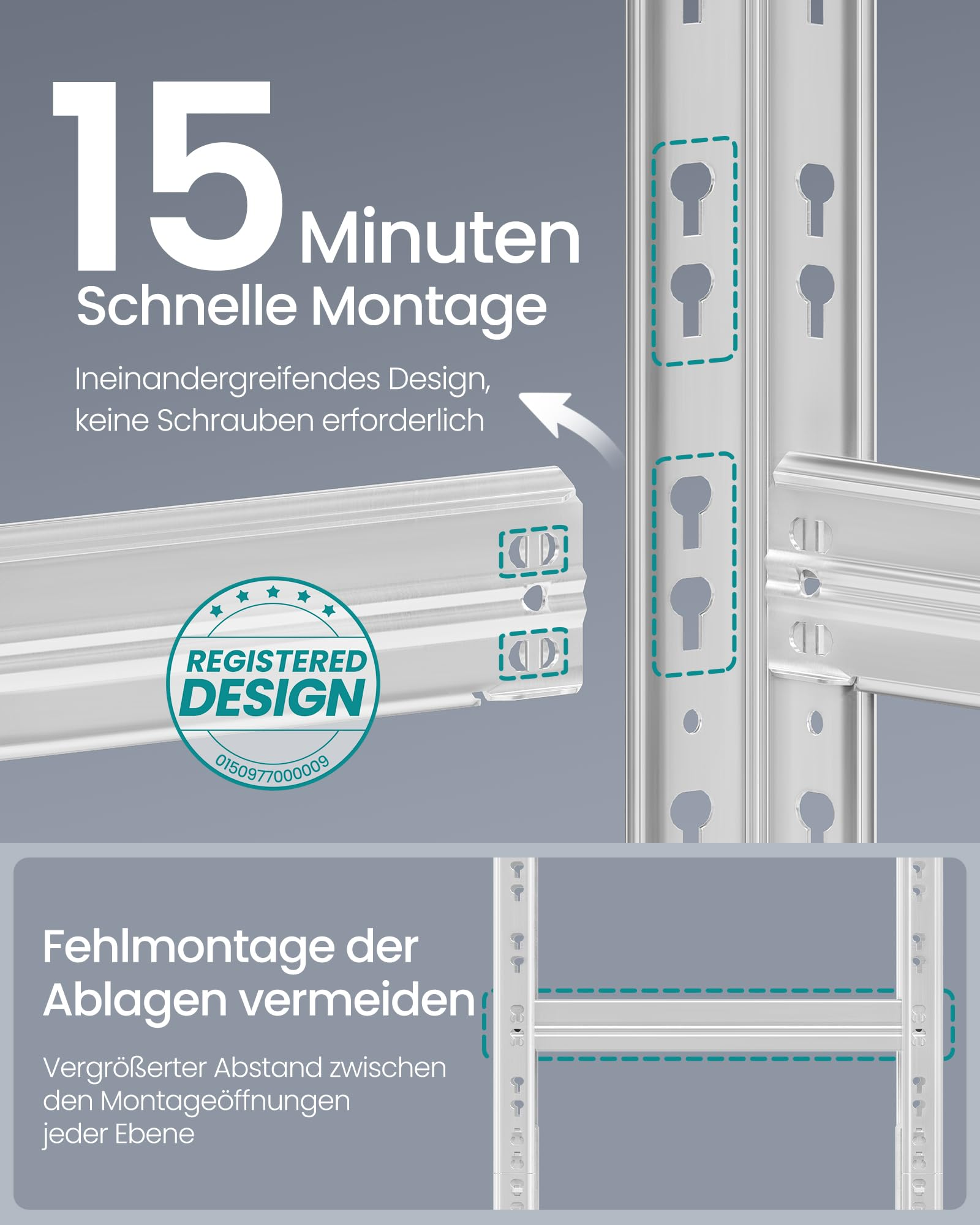 Grafica illustrativa che mostra il montaggio di scaffalature senza viti.